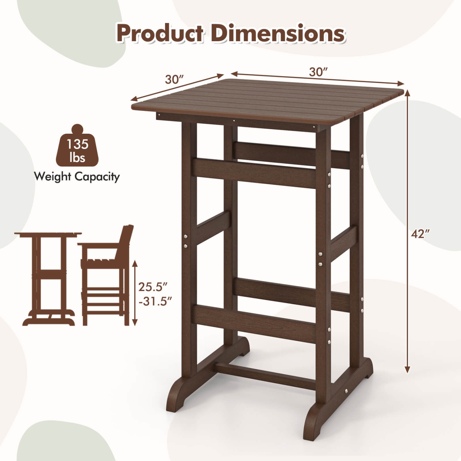 Costway Outdoor Bar Table All Weather HDPE Patio Table with Wood Grains Bistro Table Brown/Black/Gray/Navy
