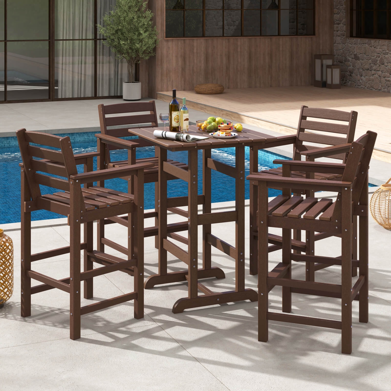 Costway Outdoor Bar Table All Weather HDPE Patio Table with Wood Grains Bistro Table Brown/Black/Gray/Navy