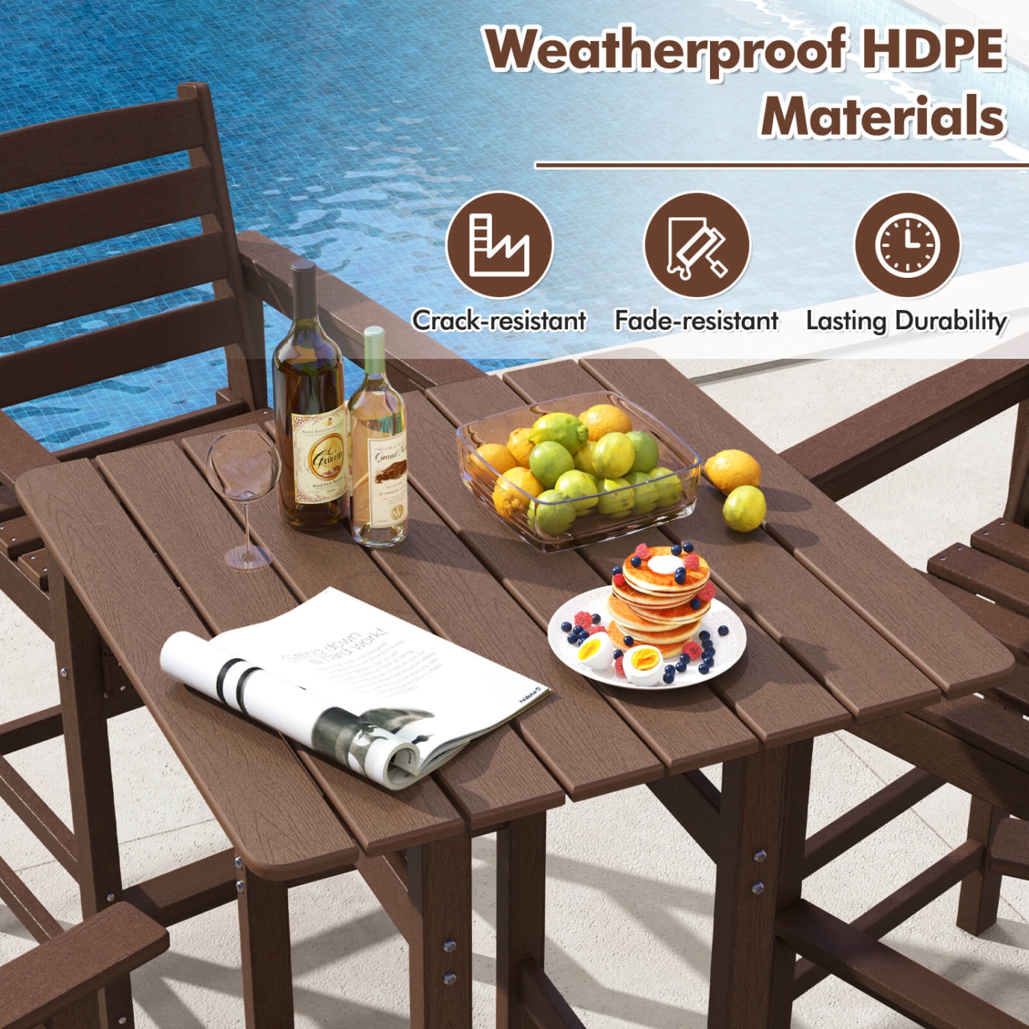 Costway Outdoor Bar Table All Weather HDPE Patio Table with Wood Grains Bistro Table Brown/Black/Gray/Navy