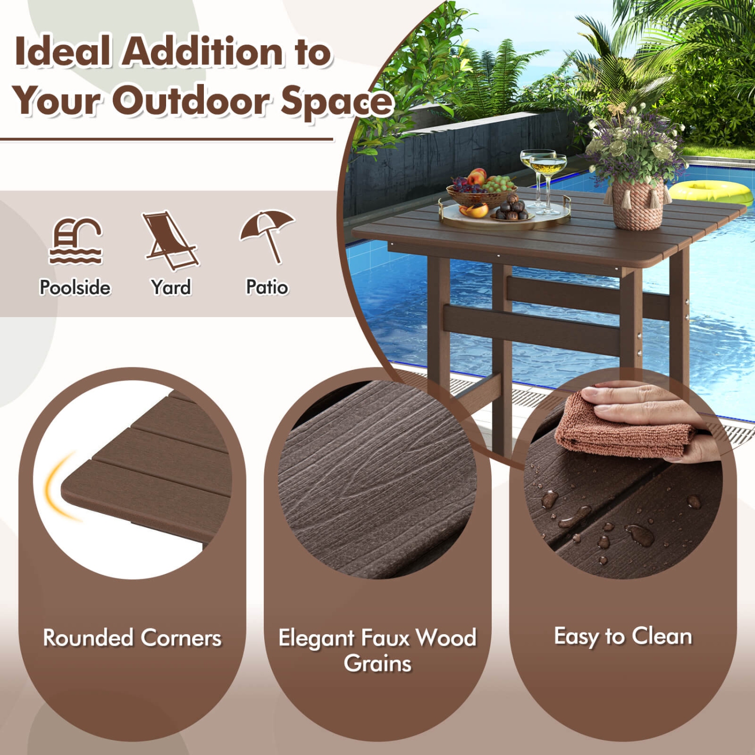 Costway Outdoor Bar Table All Weather HDPE Patio Table with Wood Grains Bistro Table Brown/Black/Gray/Navy