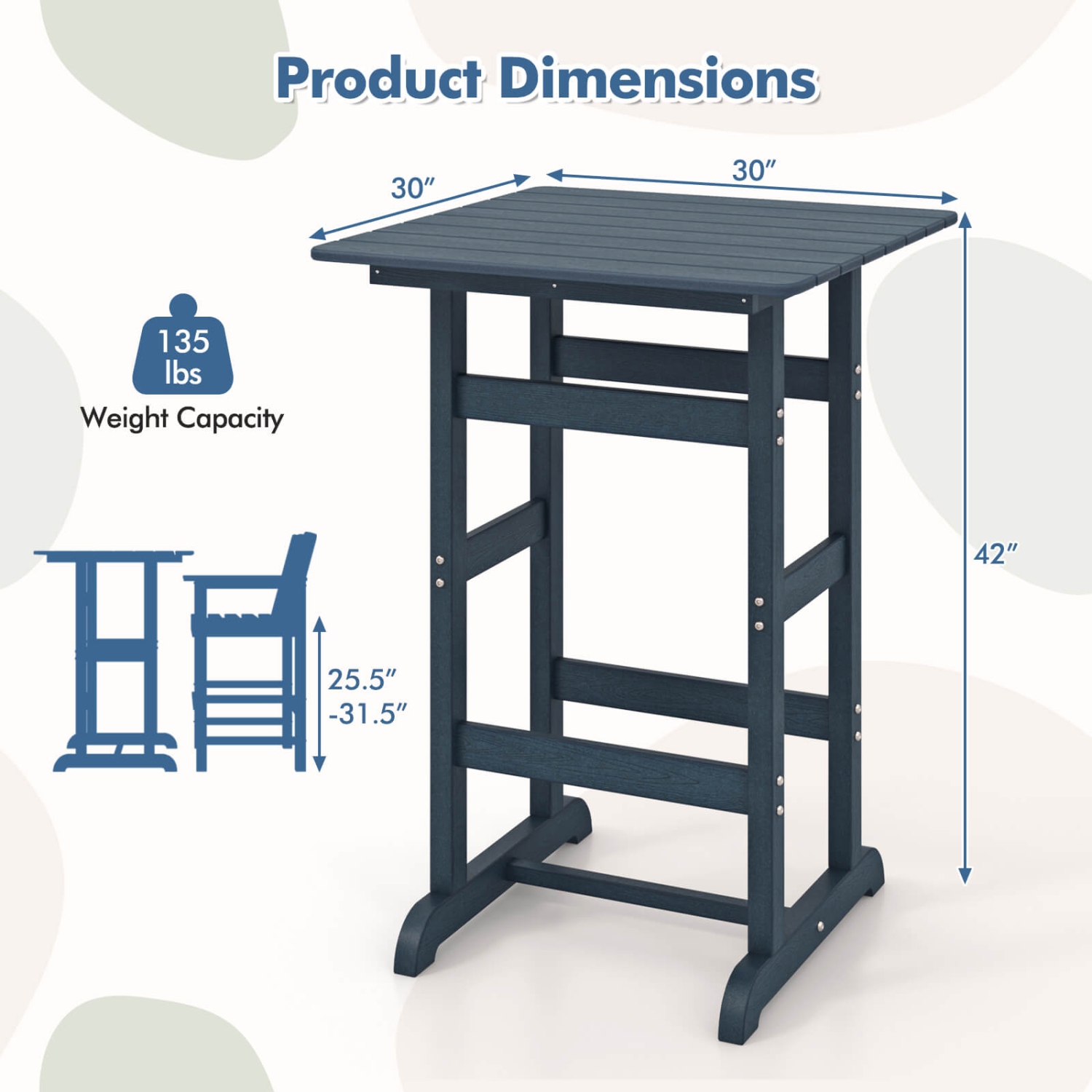 Costway Outdoor Bar Table All Weather HDPE Patio Table with Wood Grains Bistro Table Brown/Black/Gray/Navy