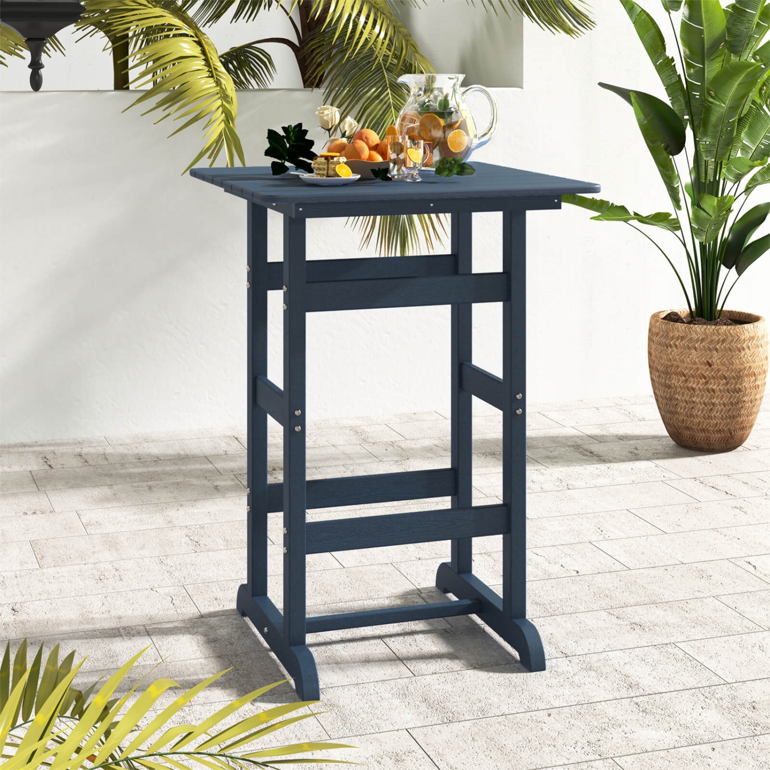Costway Outdoor Bar Table All Weather HDPE Patio Table with Wood Grains Bistro Table Brown/Black/Gray/Navy