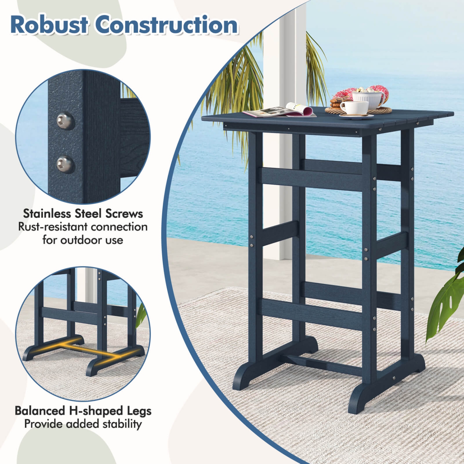 Costway Outdoor Bar Table All Weather HDPE Patio Table with Wood Grains Bistro Table Brown/Black/Gray/Navy