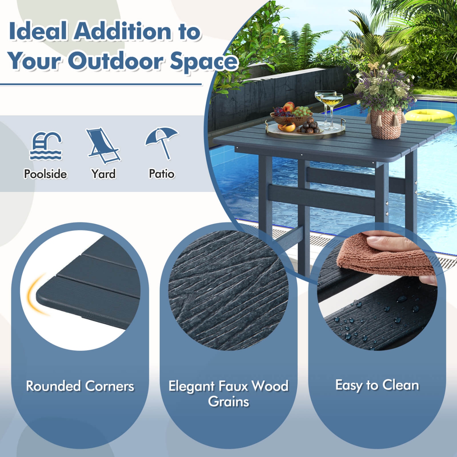 Costway Outdoor Bar Table All Weather HDPE Patio Table with Wood Grains Bistro Table Brown/Black/Gray/Navy