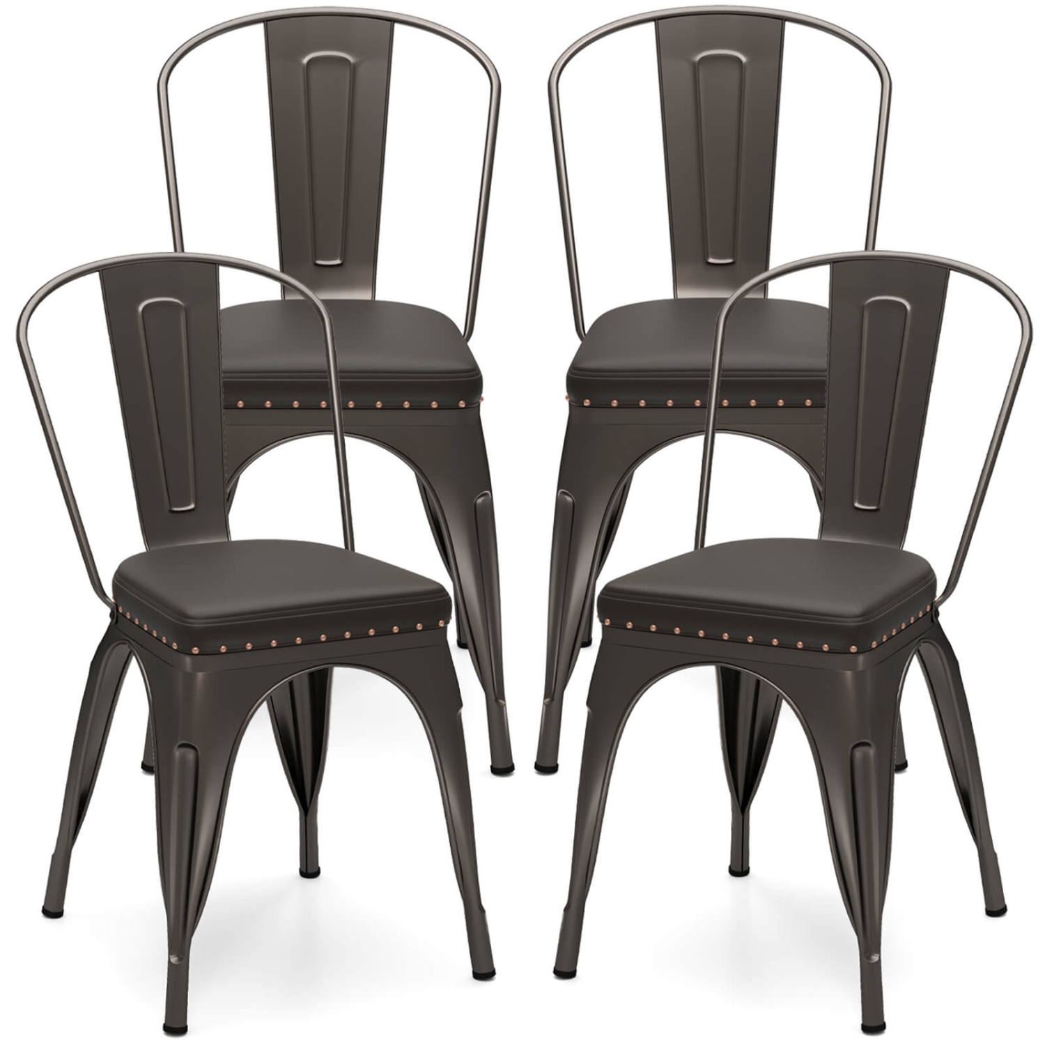 Costway Stackable Metal Dining Chairs Set of 4 with Backrest & PU Leather Padded Seat Black/light Black