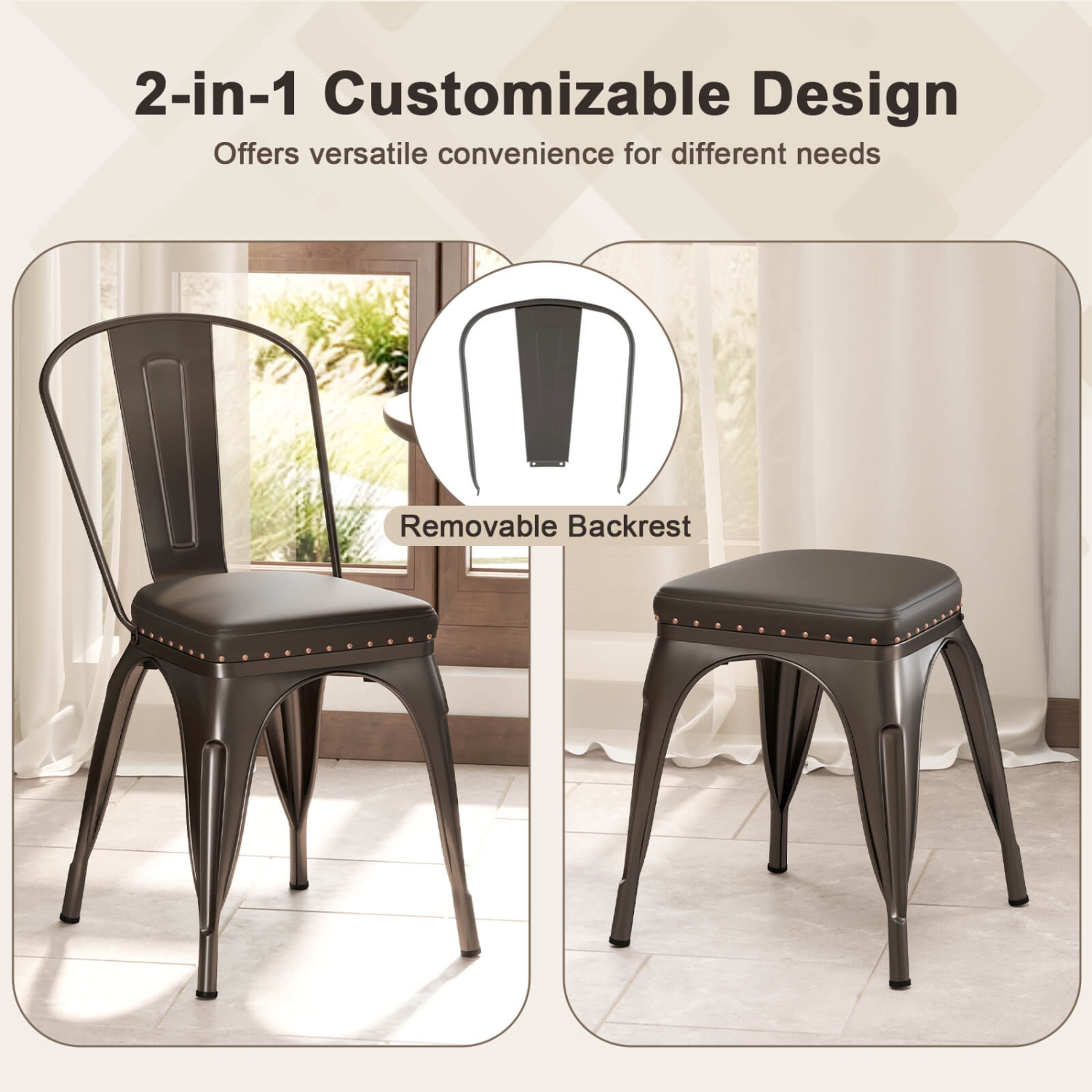Costway Stackable Metal Dining Chairs Set of 4 with Backrest & PU Leather Padded Seat Black/light Black