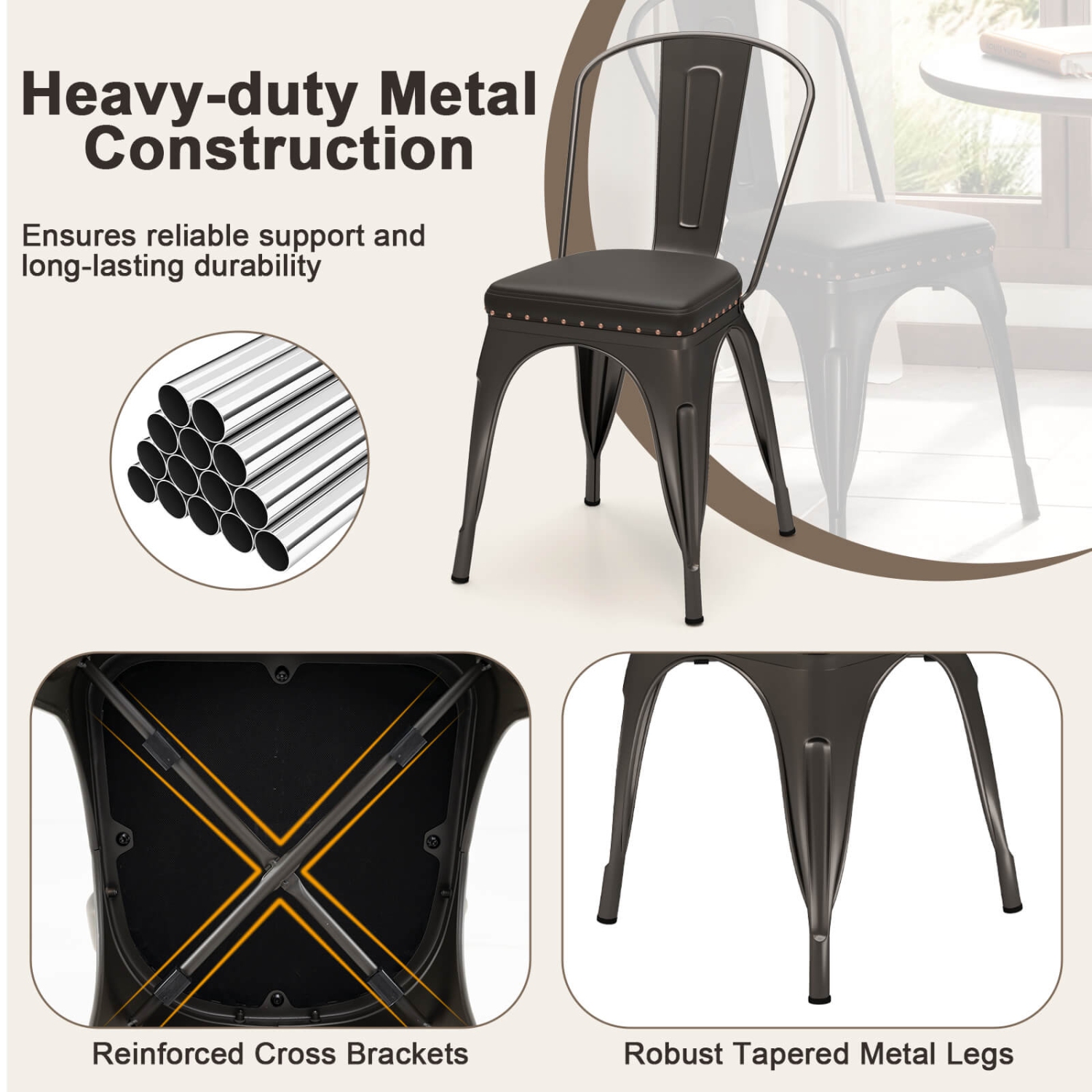 Costway Stackable Metal Dining Chairs Set of 4 with Backrest & PU Leather Padded Seat Black/light Black