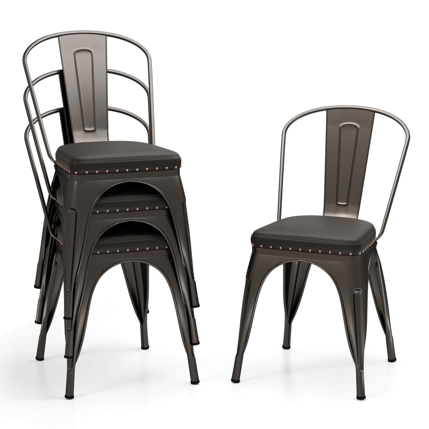 Costway Stackable Metal Dining Chairs Set of 4 with Backrest & PU Leather Padded Seat Black/light Black