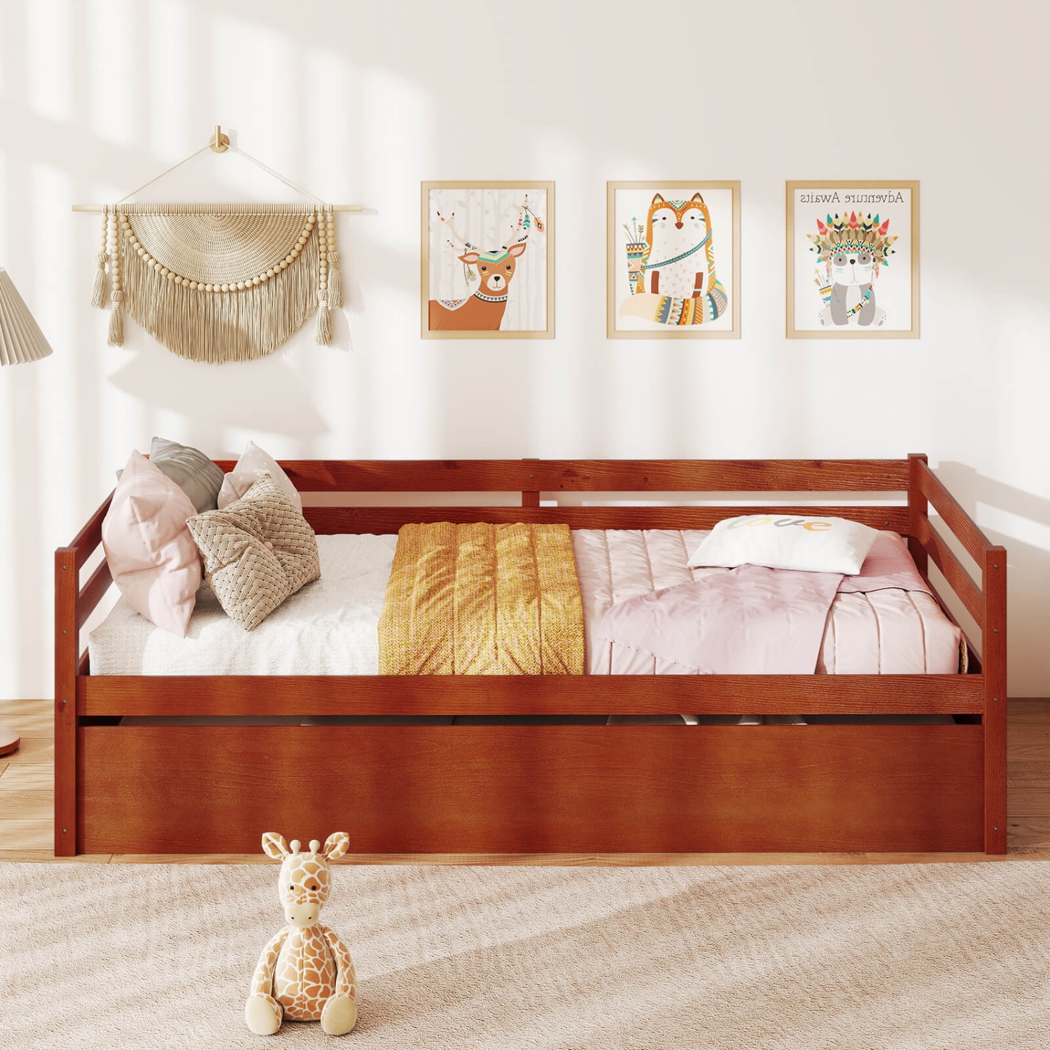 Costway Twin Size Trundle Daybed Wooden Slat Support Mattress Platform for Kids