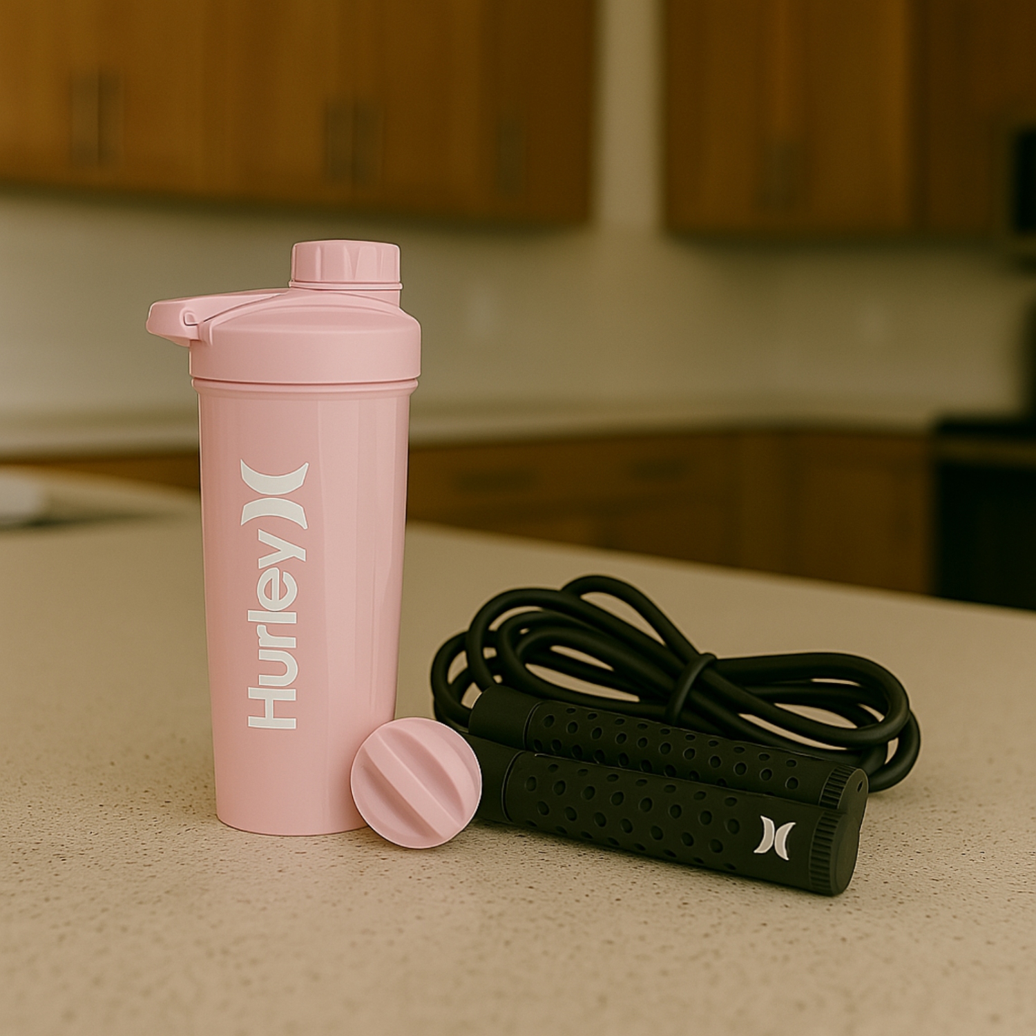 Bouteille mélangeuse rose de 28 oz avec corde d'entraînement de Hurley