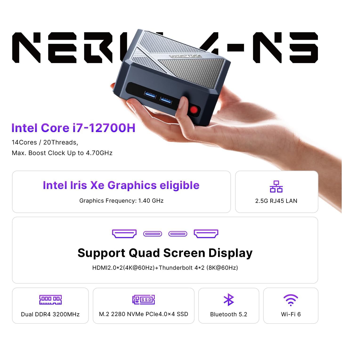 ORIGIMAGIC Mini PC with N3 Intel Core i7-12700H 32GB DDR4 3200Mhz 512GB M.2 NVMe SSD | 2.5G LAN | Wi-Fi 6 | Bluetooth 5.2 | USB 3.2Gen2*3 | Quad