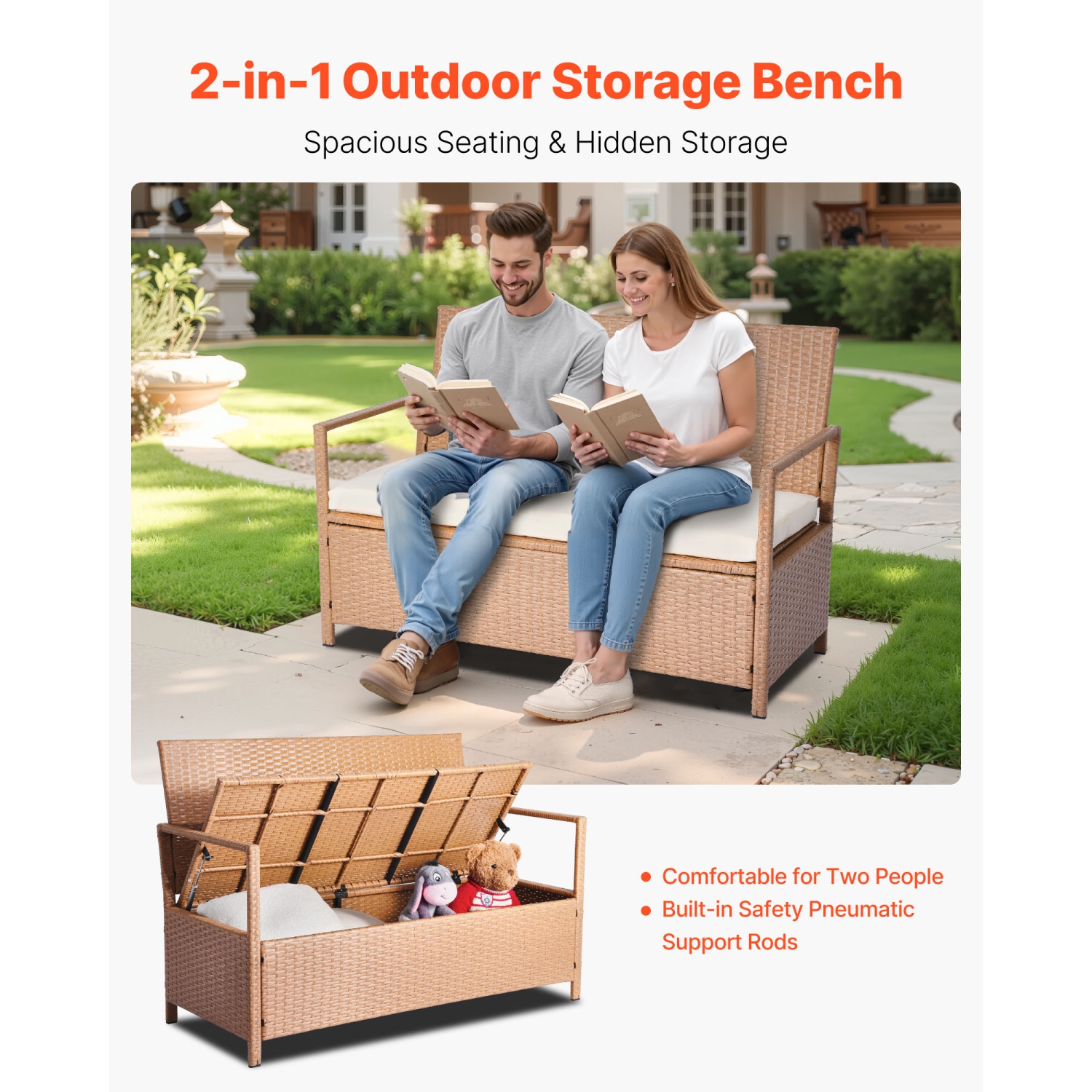 VEVOR 2-Person Outdoor Storage Bench, PE Rattan Storage Bench, 70 Gal Deck Box with Cushion, Supports up to 265 lbs, Weatherproof Outdoor Seating &