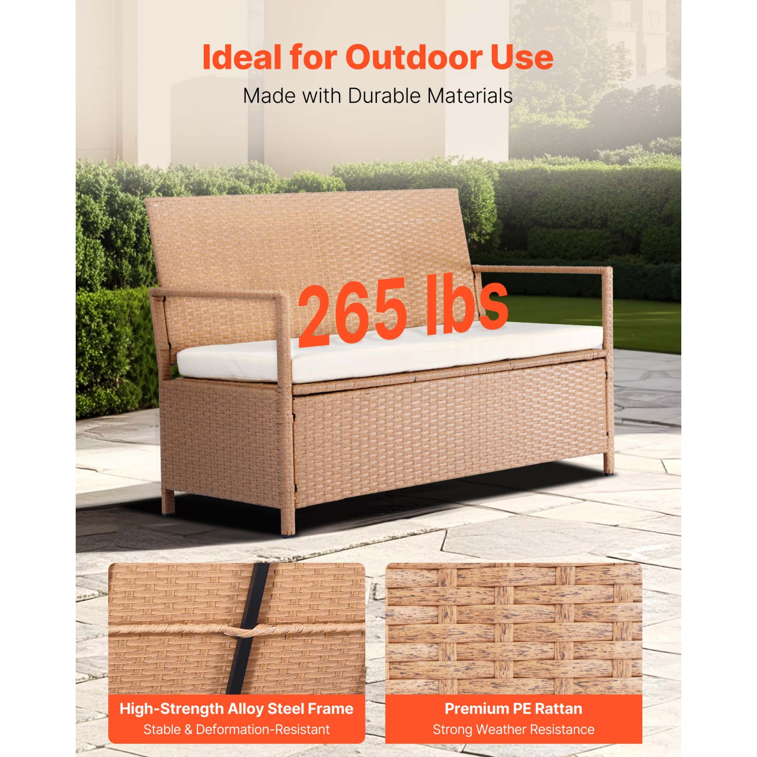 VEVOR 2-Person Outdoor Storage Bench, PE Rattan Storage Bench, 70 Gal Deck Box with Cushion, Supports up to 265 lbs, Weatherproof Outdoor Seating &