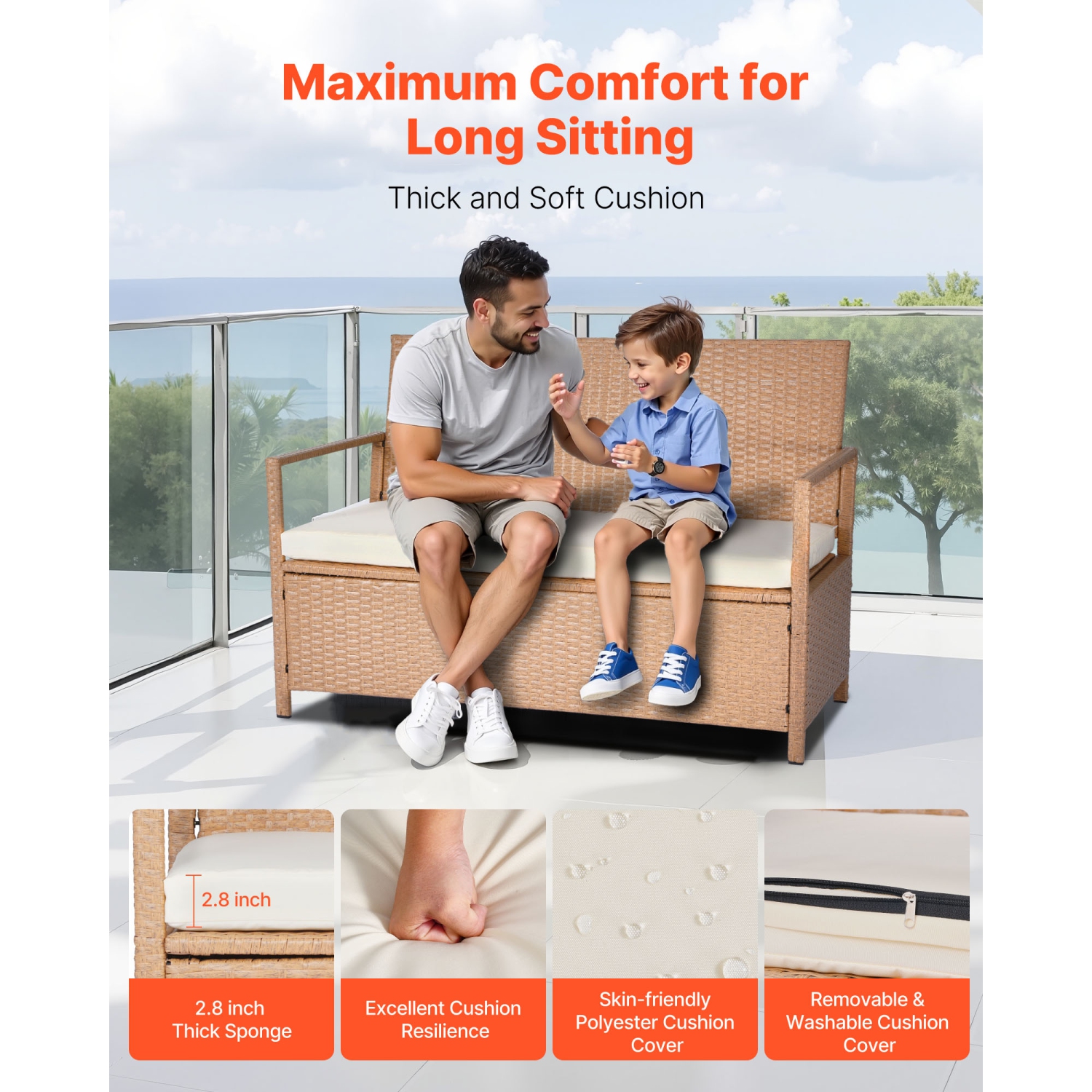 VEVOR 2-Person Outdoor Storage Bench, PE Rattan Storage Bench, 70 Gal Deck Box with Cushion, Supports up to 265 lbs, Weatherproof Outdoor Seating &