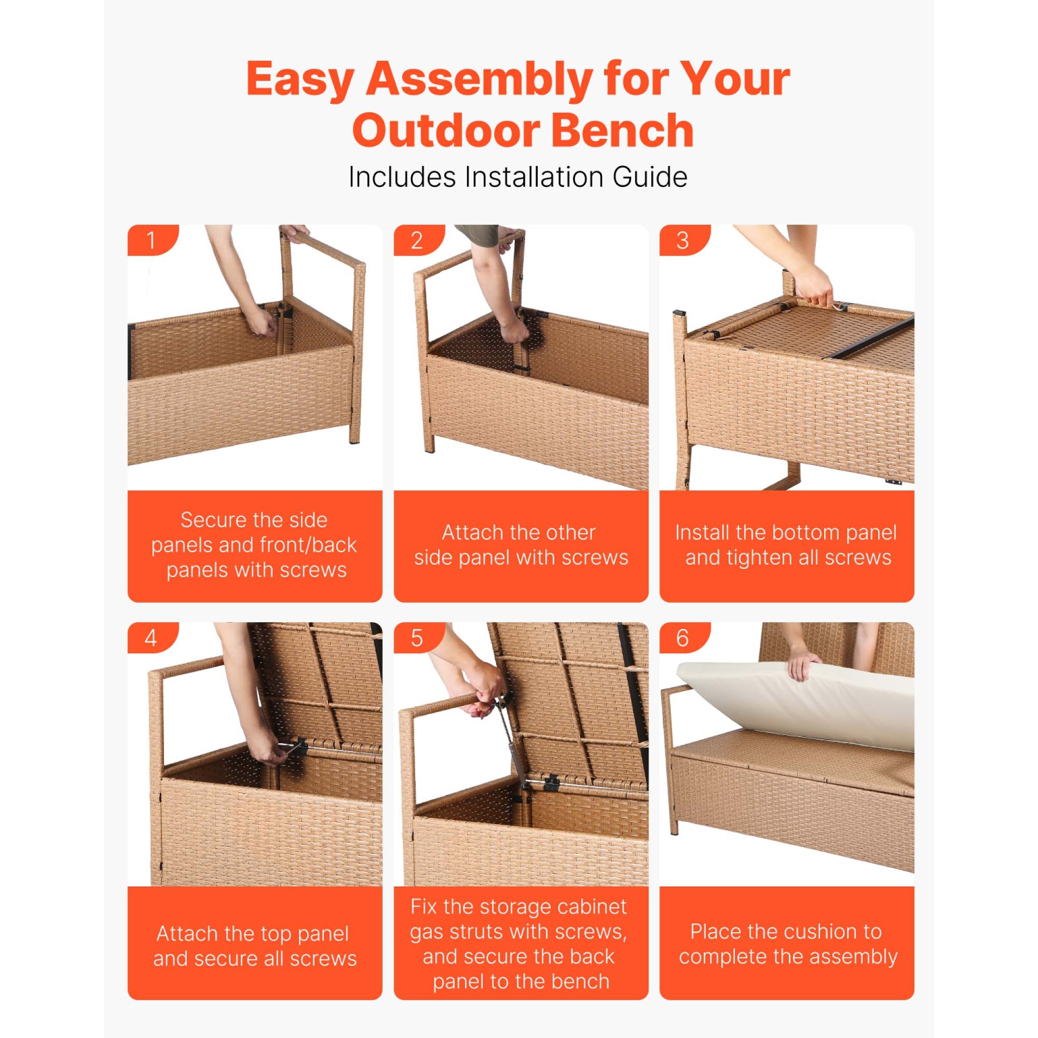 VEVOR 2-Person Outdoor Storage Bench, PE Rattan Storage Bench, 70 Gal Deck Box with Cushion, Supports up to 265 lbs, Weatherproof Outdoor Seating &