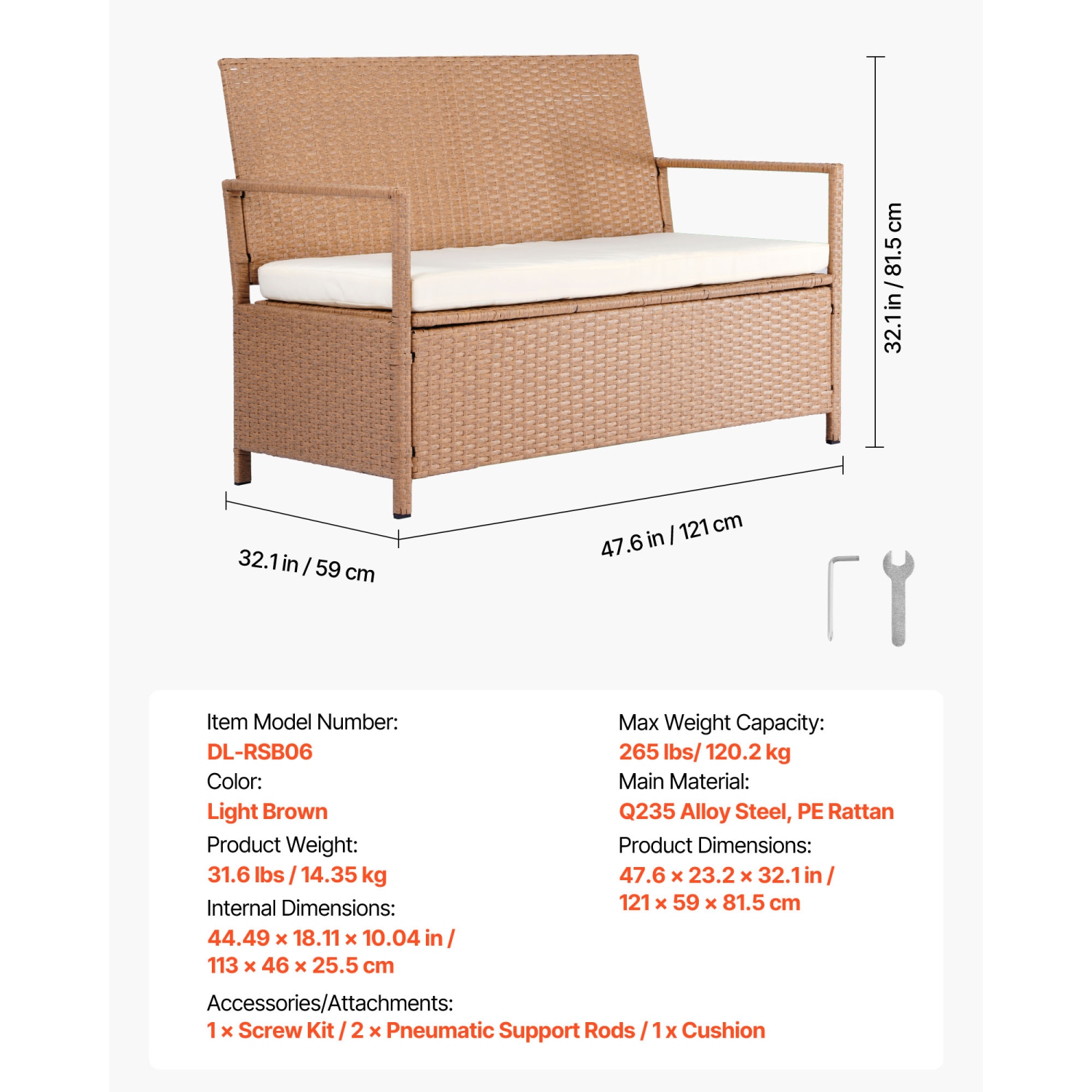 VEVOR 2-Person Outdoor Storage Bench, PE Rattan Storage Bench, 70 Gal Deck Box with Cushion, Supports up to 265 lbs, Weatherproof Outdoor Seating &
