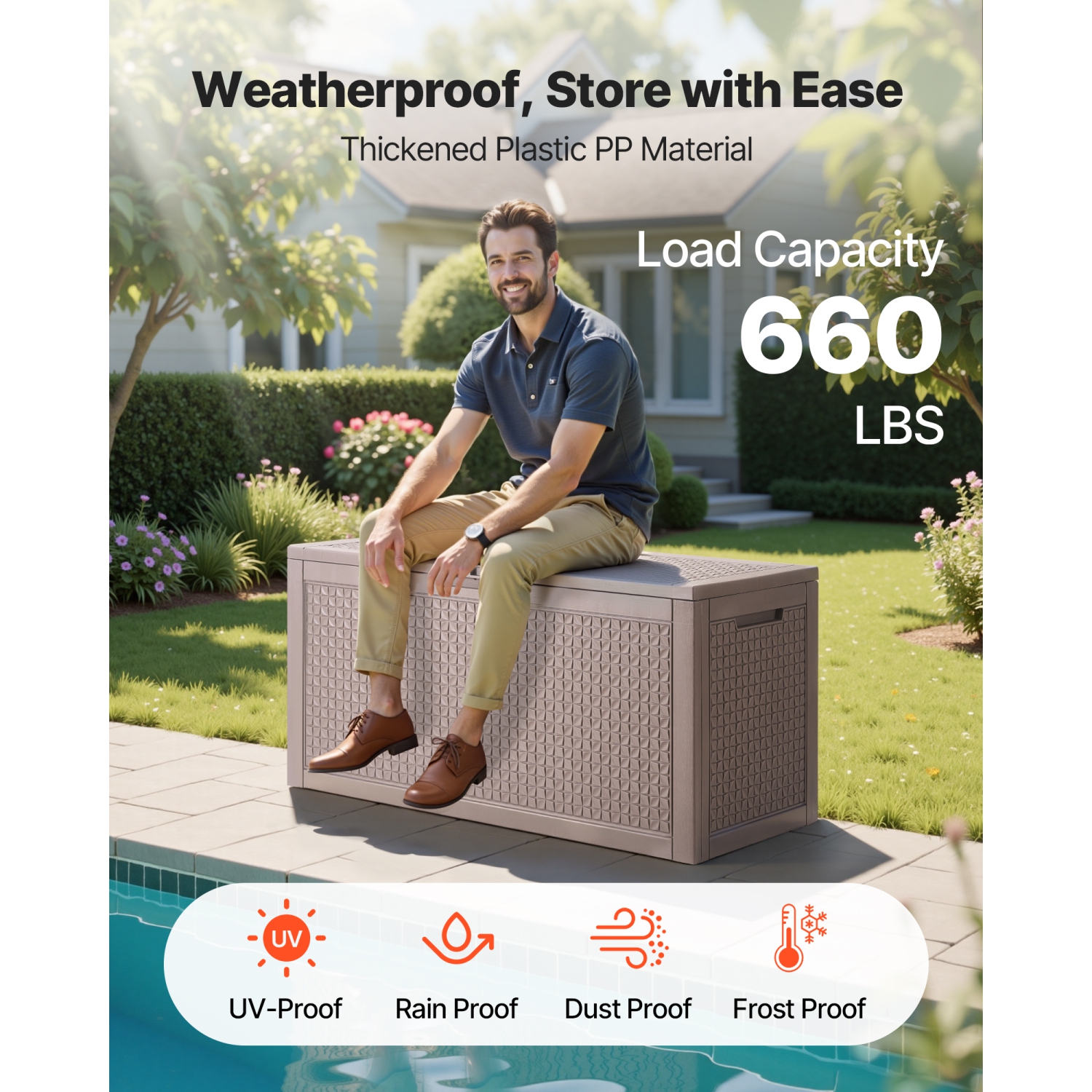 VEVOR 100 Gallon Outdoor Storage Box,Resin Deck Box, Backyard Outside Toy and Towel Storage Cabinet Waterproof,for Patio Furniture Cushions,Pool