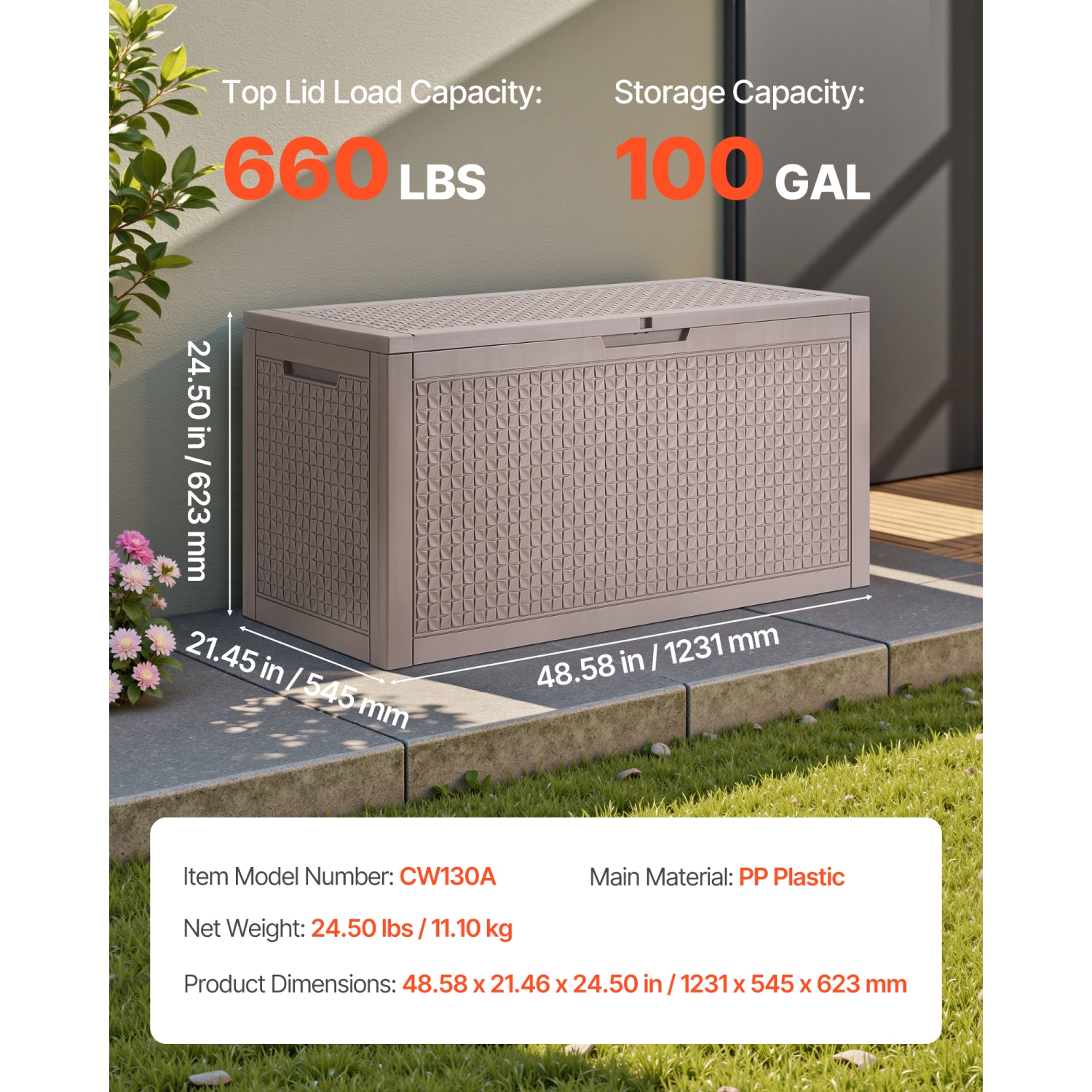 VEVOR 100 Gallon Outdoor Storage Box,Resin Deck Box, Backyard Outside Toy and Towel Storage Cabinet Waterproof,for Patio Furniture Cushions,Pool