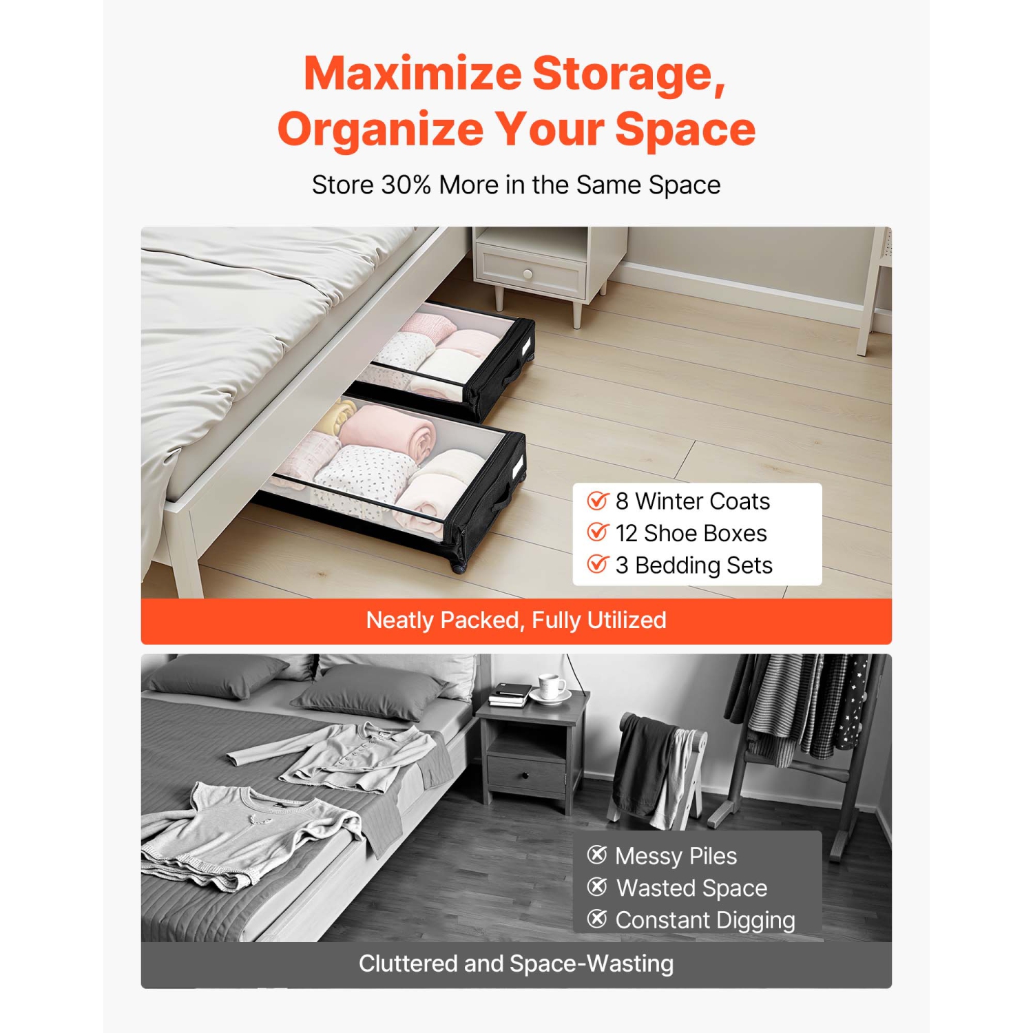 VEVOR 30.3 x 18.5 x 6.8 inch Under Bed Storage with Wheels,Underbed Containers with Clear Lid,Underbed Shoe Organizer,Rolling Under the Bed Storage