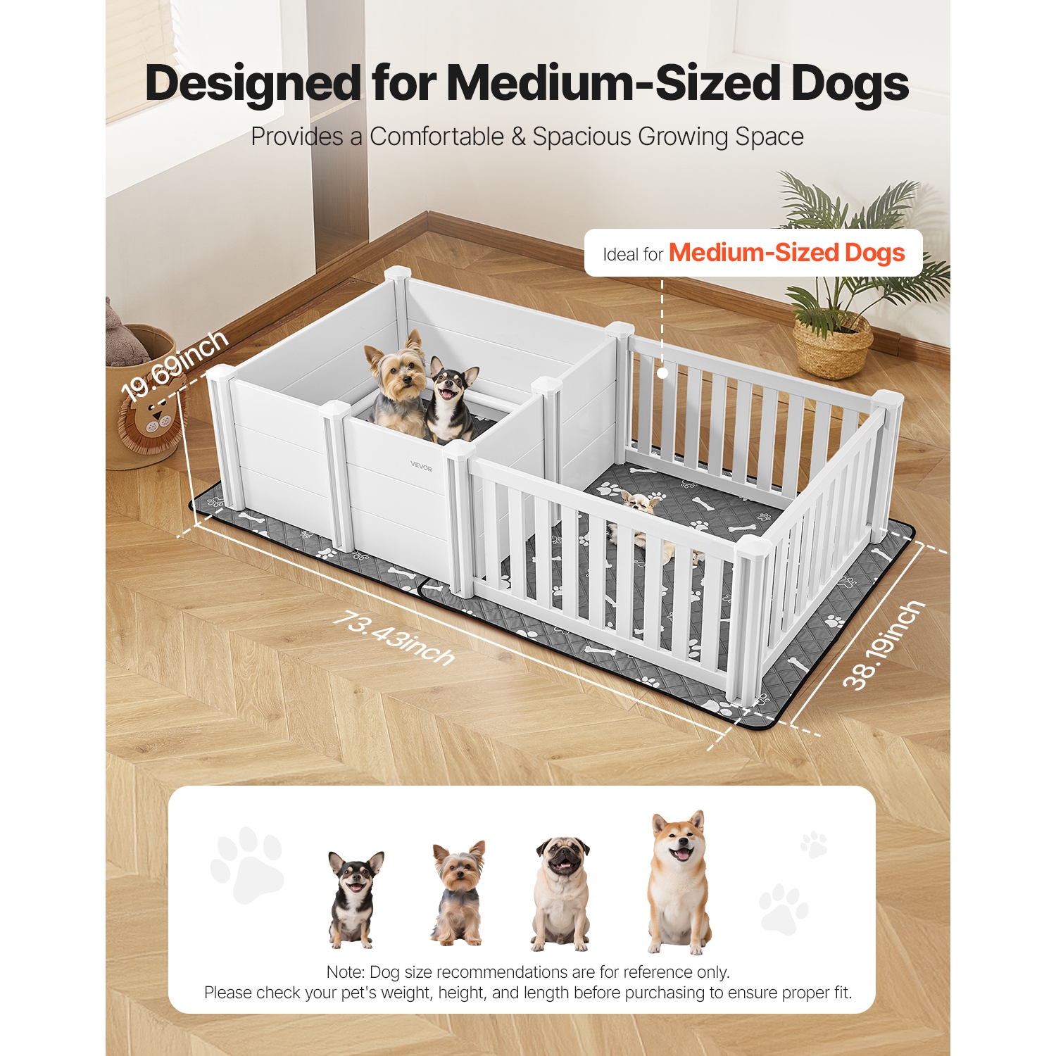 VEVOR 73x38x19.7 in Dog Whelping Box,Plastic Dog Whelping Pen with Adjustable Height Door, Puppy Playpen with Waterproof Pee Pad,Durable Indoor Pet