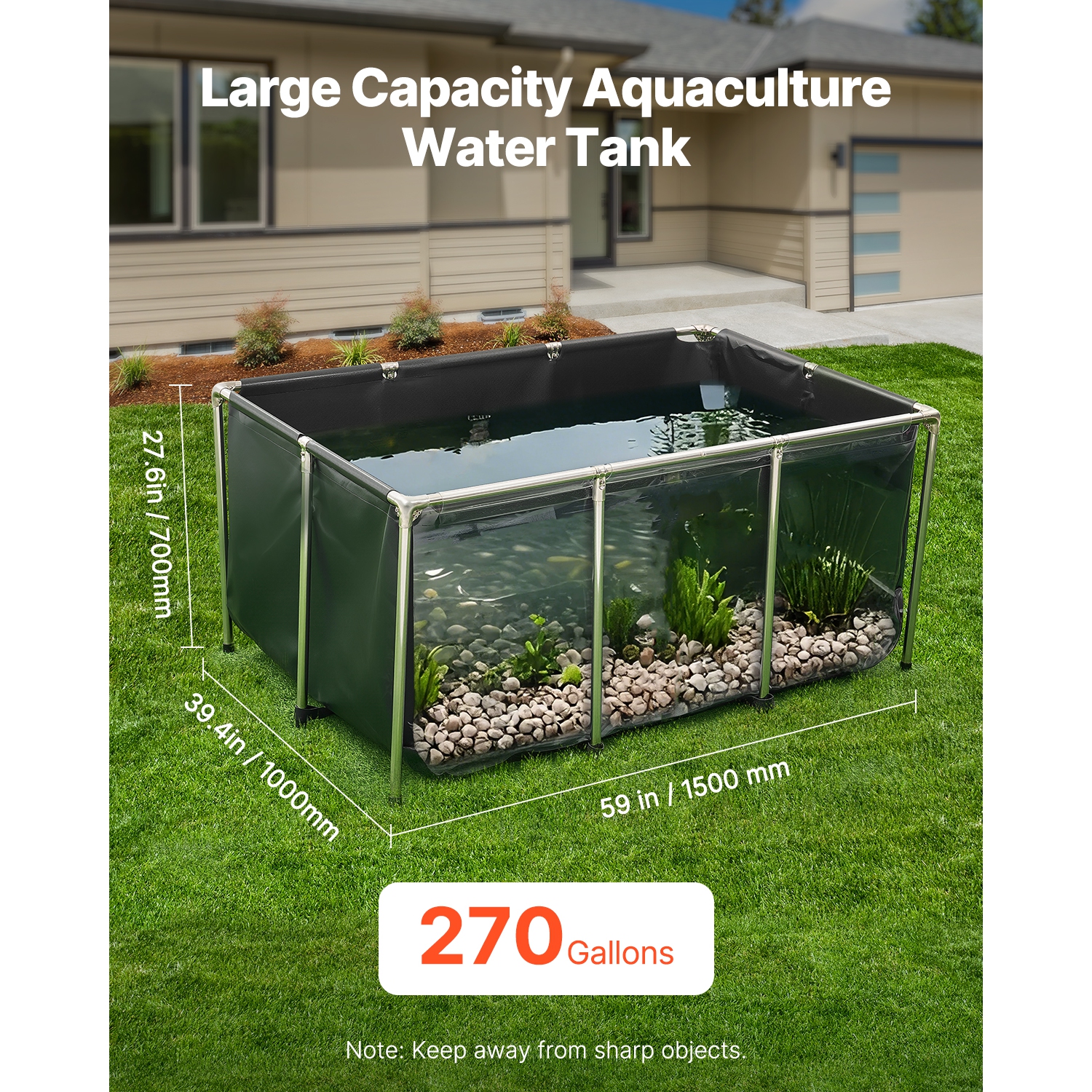 VEVOR 270Gal Canvas Fish Pond,Above Ground Fish Pond,PVC Koi Tank with Clear Viewing Panel,Rectangular Goldfish Tank with Stainless Steel Frame &