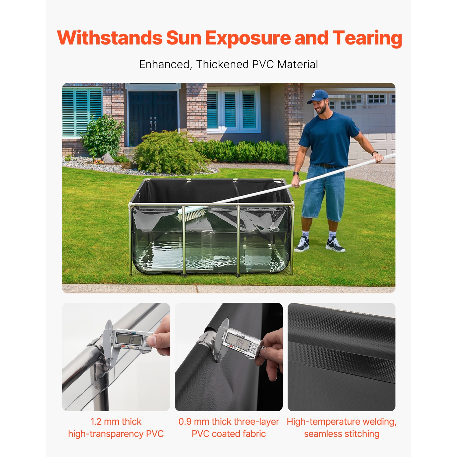 VEVOR 270Gal Canvas Fish Pond,Above Ground Fish Pond,PVC Koi Tank with Clear Viewing Panel,Rectangular Goldfish Tank with Stainless Steel Frame &