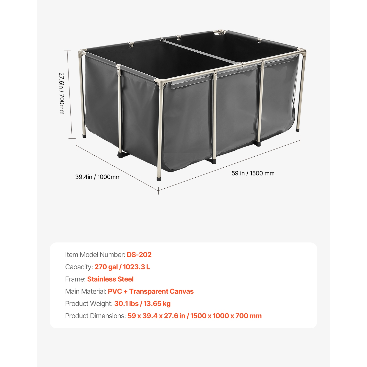 VEVOR 270Gal Canvas Fish Pond,Above Ground Fish Pond,PVC Koi Tank with Clear Viewing Panel,Rectangular Goldfish Tank with Stainless Steel Frame &