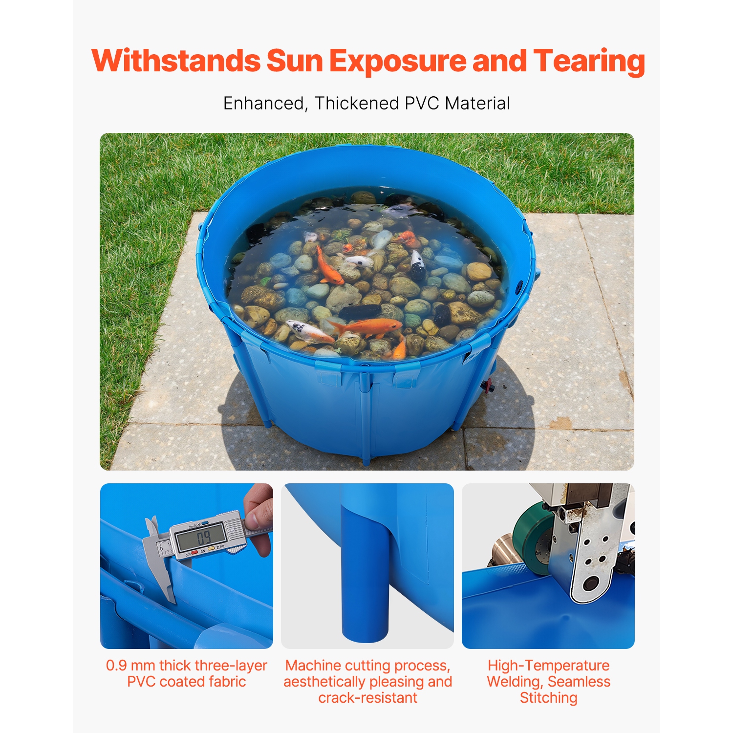 VEVOR 448.8 Gal Capacity Canvas Fish Pond,Above Ground Fish Pond, Foldable PVC Koi Tank, Round Goldfish Tank with Stable Frame and Drain Valve, for