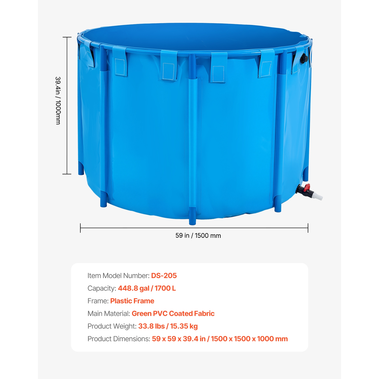 VEVOR 448.8 Gal Capacity Canvas Fish Pond,Above Ground Fish Pond, Foldable PVC Koi Tank, Round Goldfish Tank with Stable Frame and Drain Valve, for