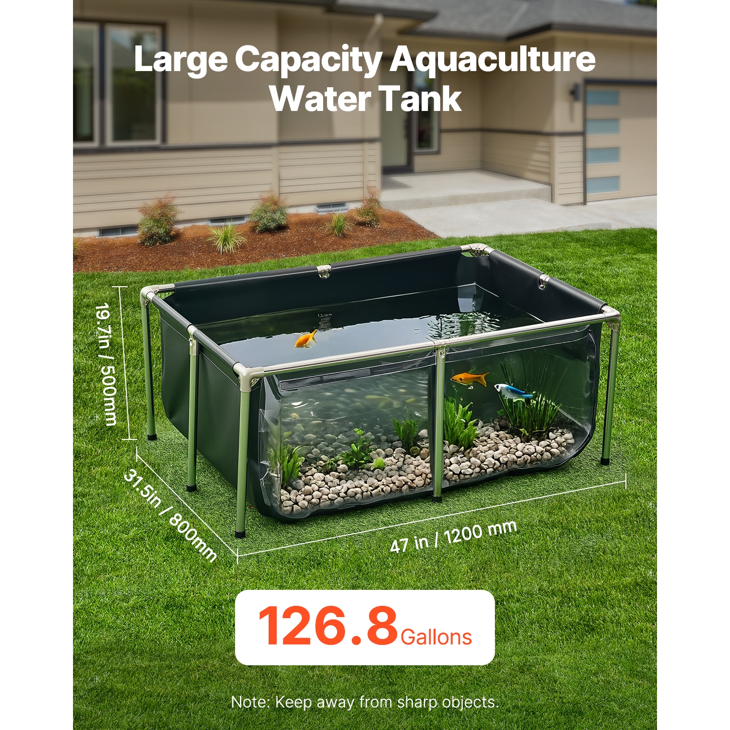 VEVOR 126.8 Gal Canvas Fish Pond, Above Ground Fish Pond, PVC Koi Tank with Clear Viewing Panel, Rectangular Goldfish Tank with Stainless Steel Frame