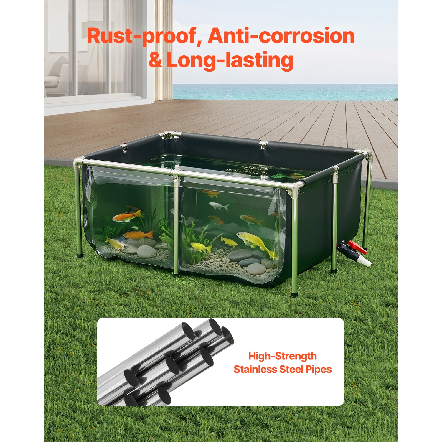 VEVOR 126.8 Gal Canvas Fish Pond, Above Ground Fish Pond, PVC Koi Tank with Clear Viewing Panel, Rectangular Goldfish Tank with Stainless Steel Frame