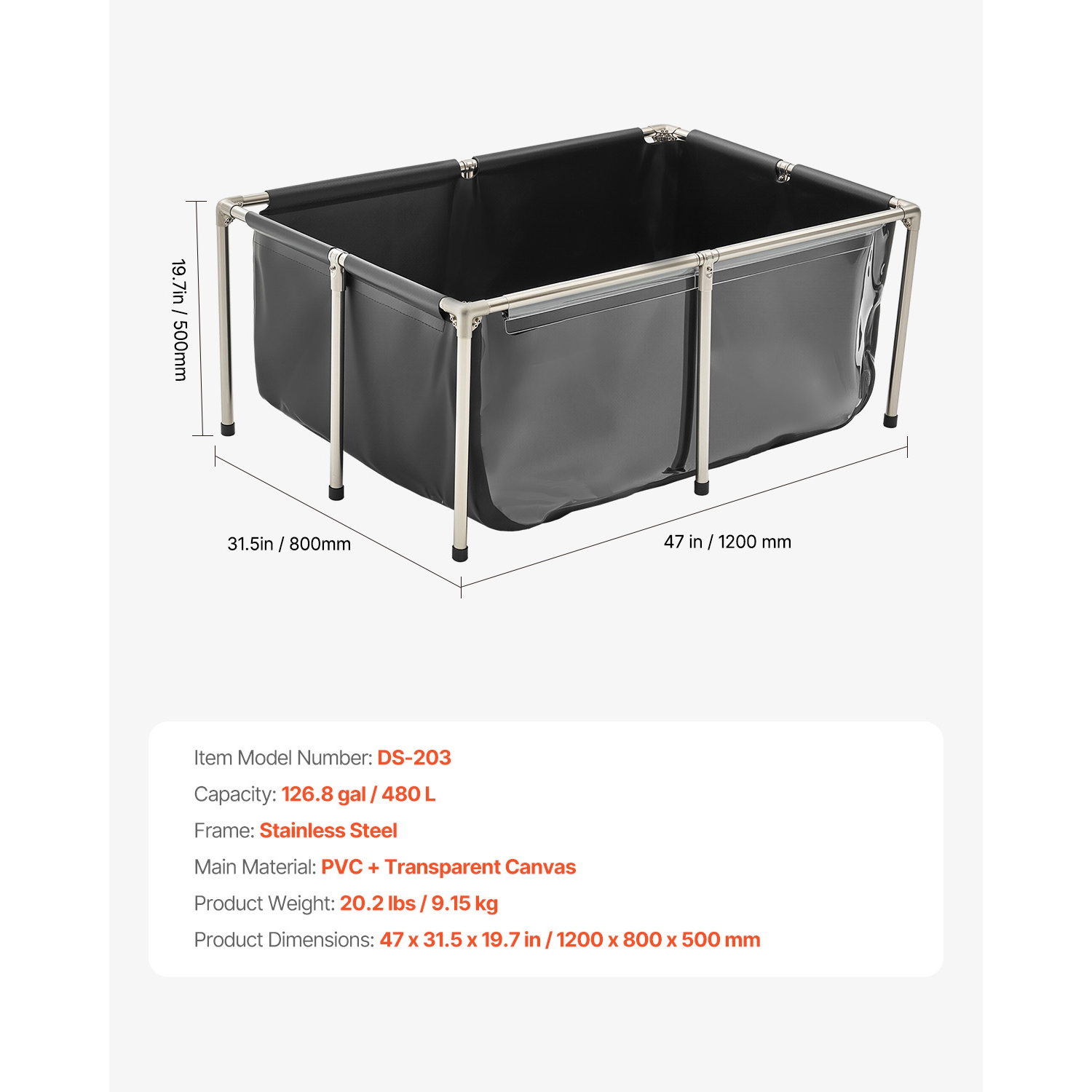 VEVOR 126.8 Gal Canvas Fish Pond, Above Ground Fish Pond, PVC Koi Tank with Clear Viewing Panel, Rectangular Goldfish Tank with Stainless Steel Frame
