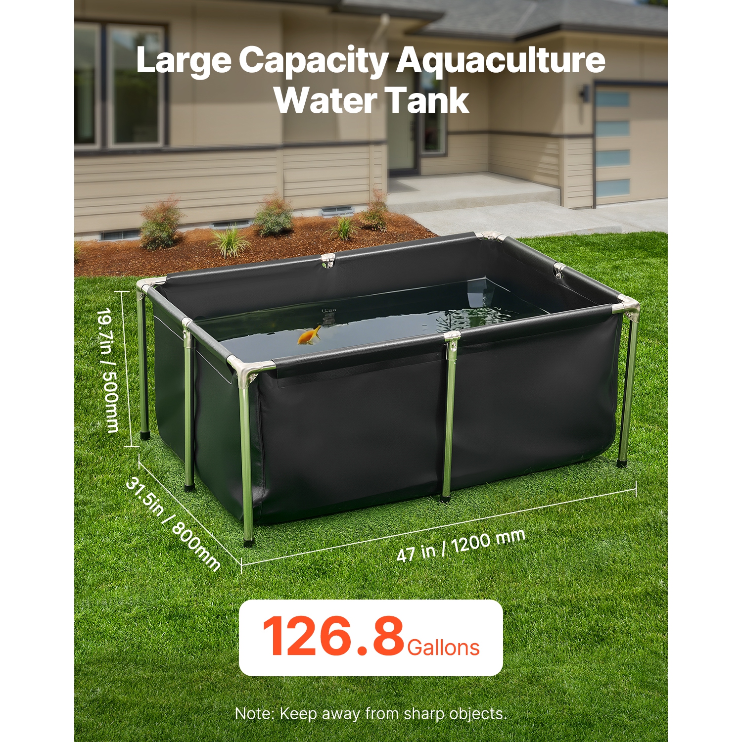 VEVOR 126.8 Gal Canvas Fish Pond, Above Ground Fish Pond, Foldable PVC Koi Tank, Rectangular Goldfish Tank with Stable Frame and Drain Valve, for