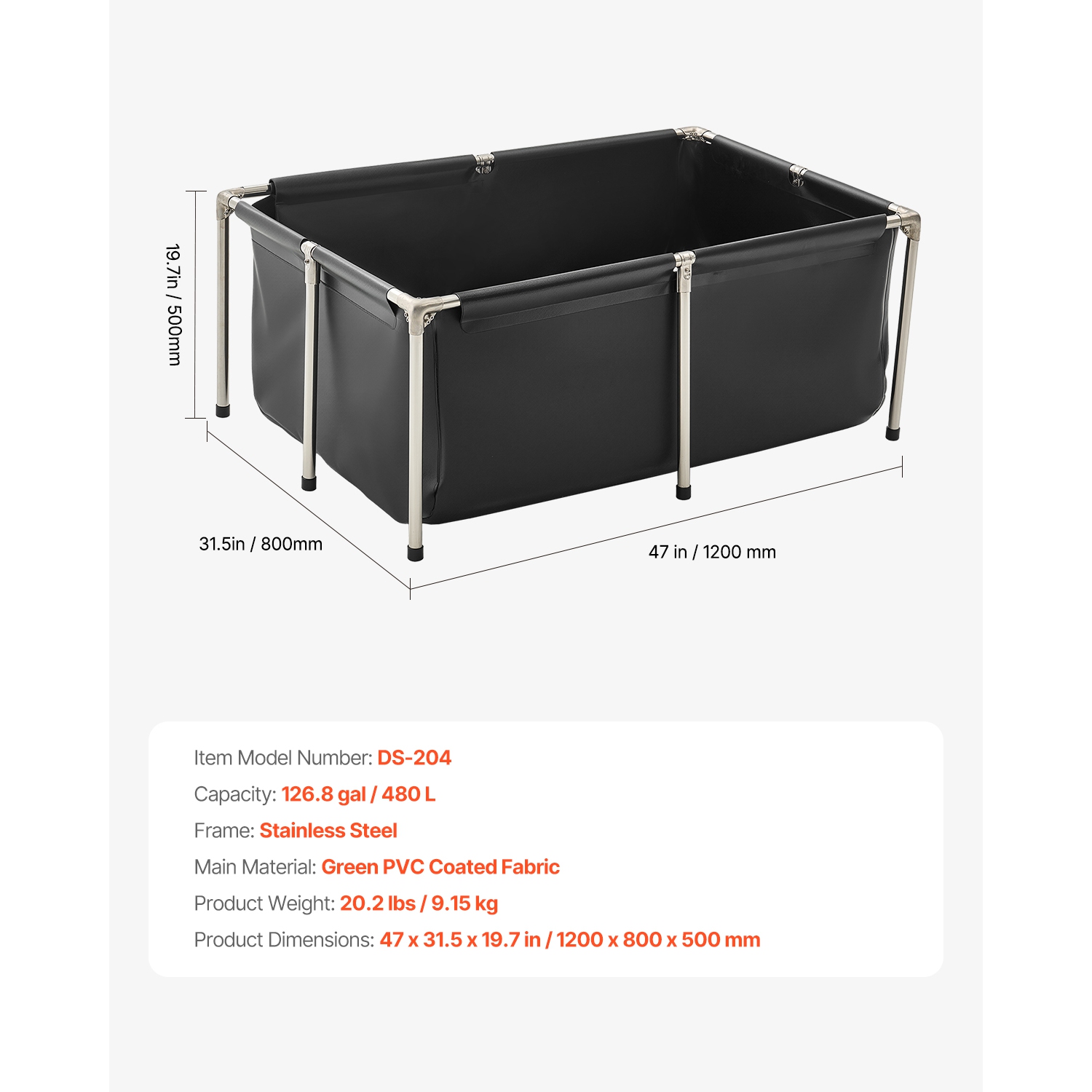 VEVOR 126.8 Gal Canvas Fish Pond, Above Ground Fish Pond, Foldable PVC Koi Tank, Rectangular Goldfish Tank with Stable Frame and Drain Valve, for