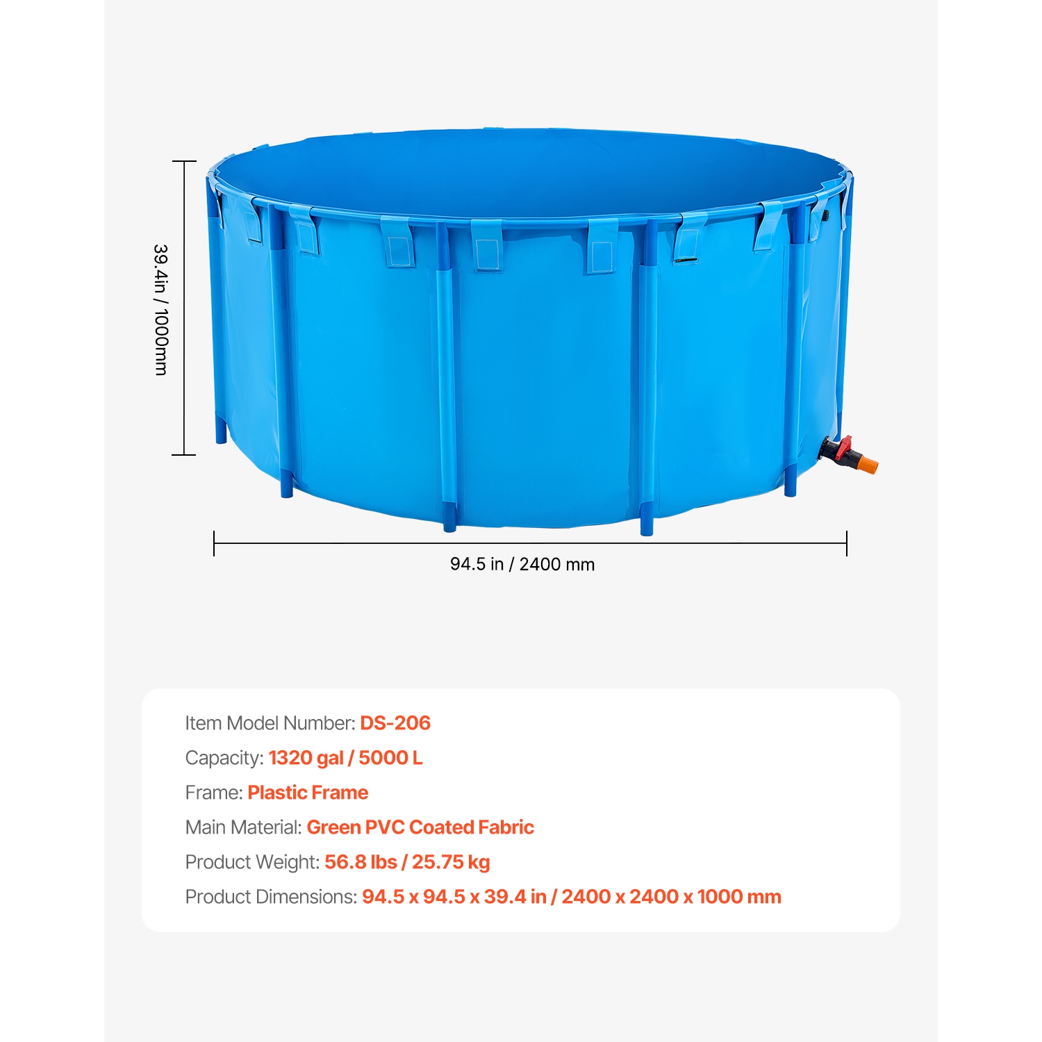 VEVOR 1320 Gal Capacity Canvas Fish Pond,Above Ground Fish Pond, Foldable PVC Koi Tank, Round Goldfish Tank with Stable Frame and Drain Valve,for