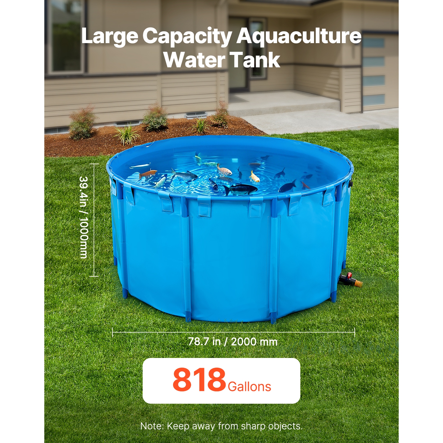 VEVOR 818 Gal Capacity Canvas Fish Pond, Above Ground Fish Pond, Foldable PVC Koi Tank, Round Goldfish Tank with Stable Frame and Drain Valve, for