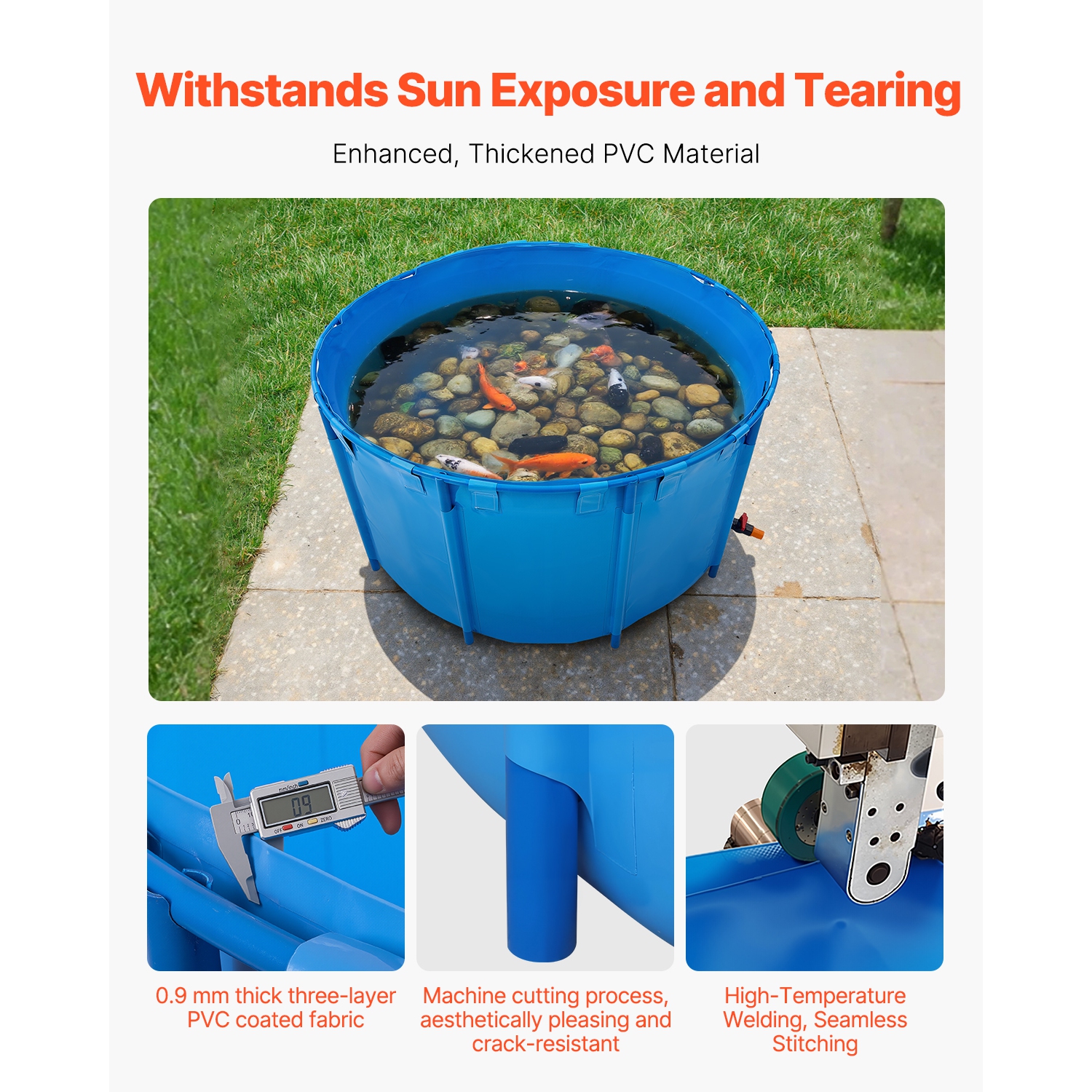 VEVOR 818 Gal Capacity Canvas Fish Pond, Above Ground Fish Pond, Foldable PVC Koi Tank, Round Goldfish Tank with Stable Frame and Drain Valve, for