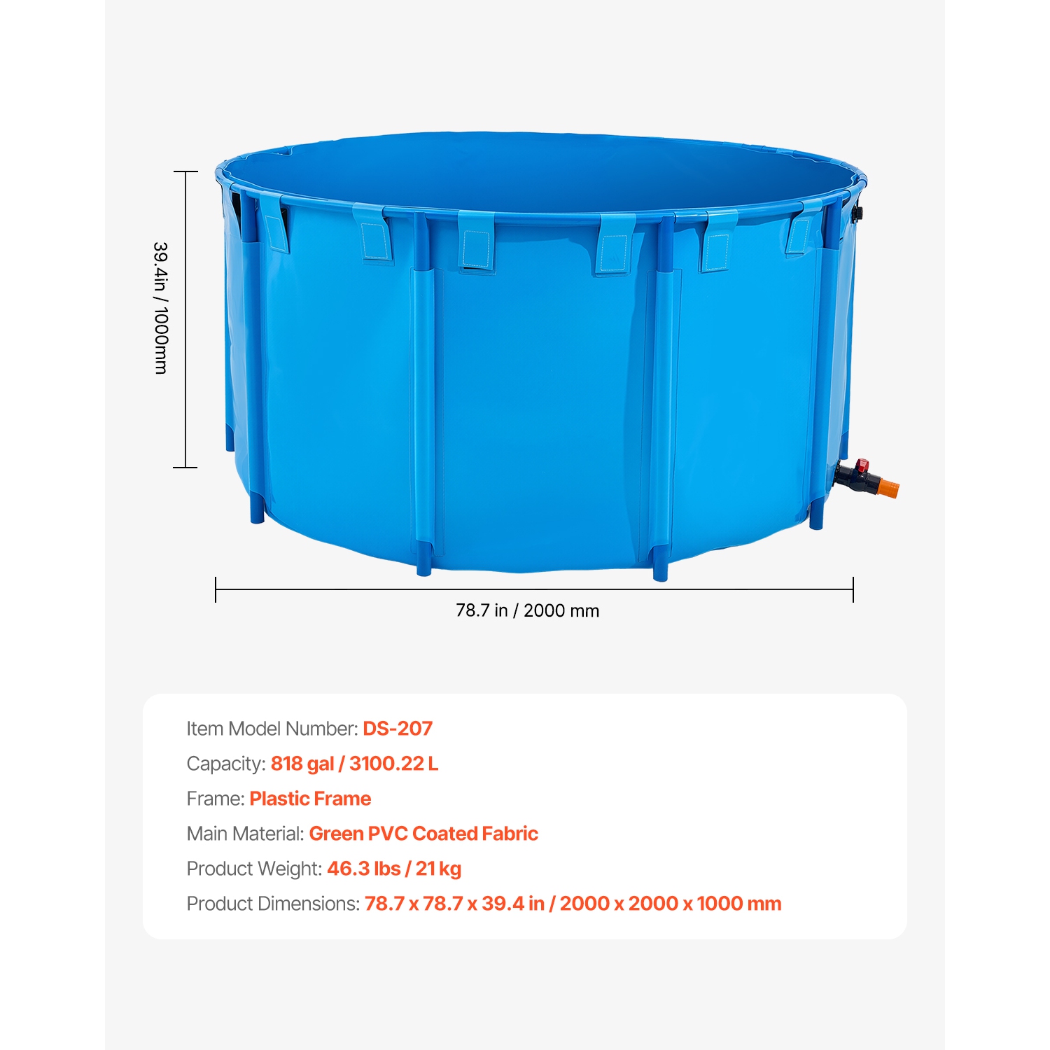 VEVOR 818 Gal Capacity Canvas Fish Pond, Above Ground Fish Pond, Foldable PVC Koi Tank, Round Goldfish Tank with Stable Frame and Drain Valve, for