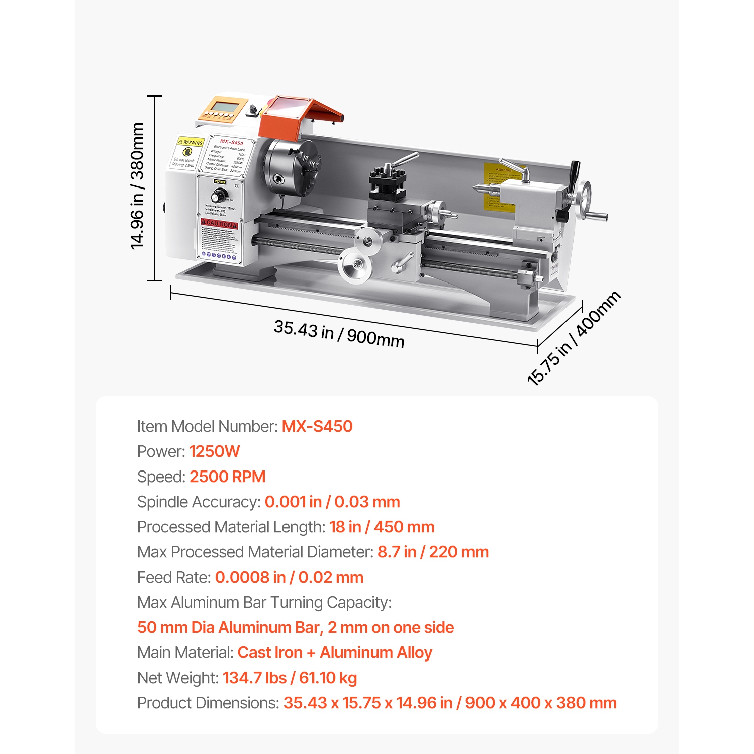 VEVOR 8.7 x 18 in Metal Lathe Machine,Precision Bench Power Metal Lathe, Automatic Feed, 0-2500 RPM Variable Speed,1250W Brushless Motor,for