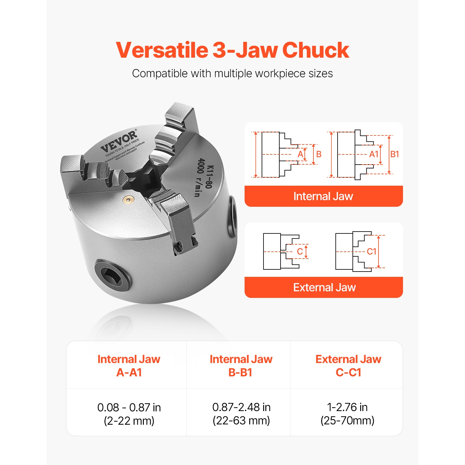 VEVOR 3 Inch 3-Jaw Lathe Chuck,Self-Centering Chuck,0.08-2.48in (2-63 mm) Clamping Range with T-key Fixing Screws Reversible Jaws,HT300