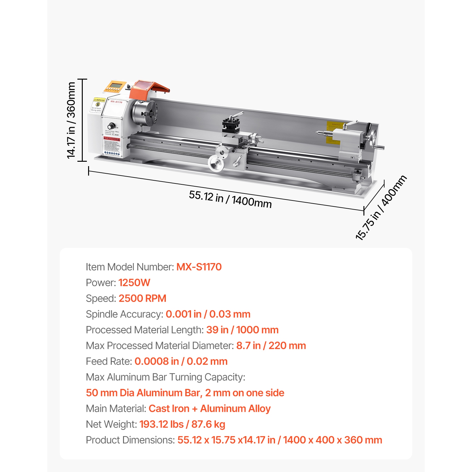 VEVOR 8.7 x 39 in Metal Lathe Machine, Precision Bench Power Metal Lathe,Automatic Feed, 0-2500 RPM Variable Speed,1250W Brushless Motor,for