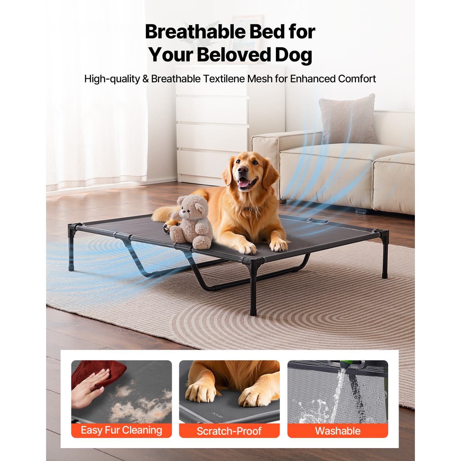 VEVOR XL Elevated Dog Bed for Large Dogs, Portable Raised Dog Cot with Steel Metal Frame and Breathable Teslin Mesh, Indoor & Outdoor Pet Cooling