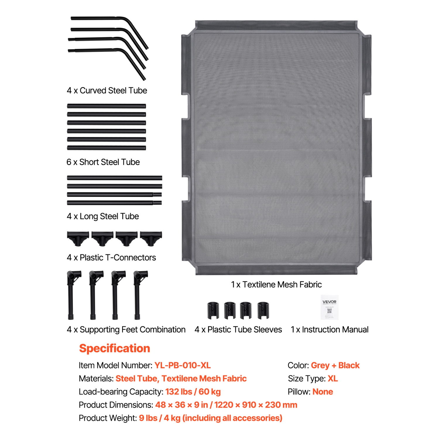 VEVOR XL Elevated Dog Bed for Large Dogs, Portable Raised Dog Cot with Steel Metal Frame and Breathable Teslin Mesh, Indoor & Outdoor Pet Cooling