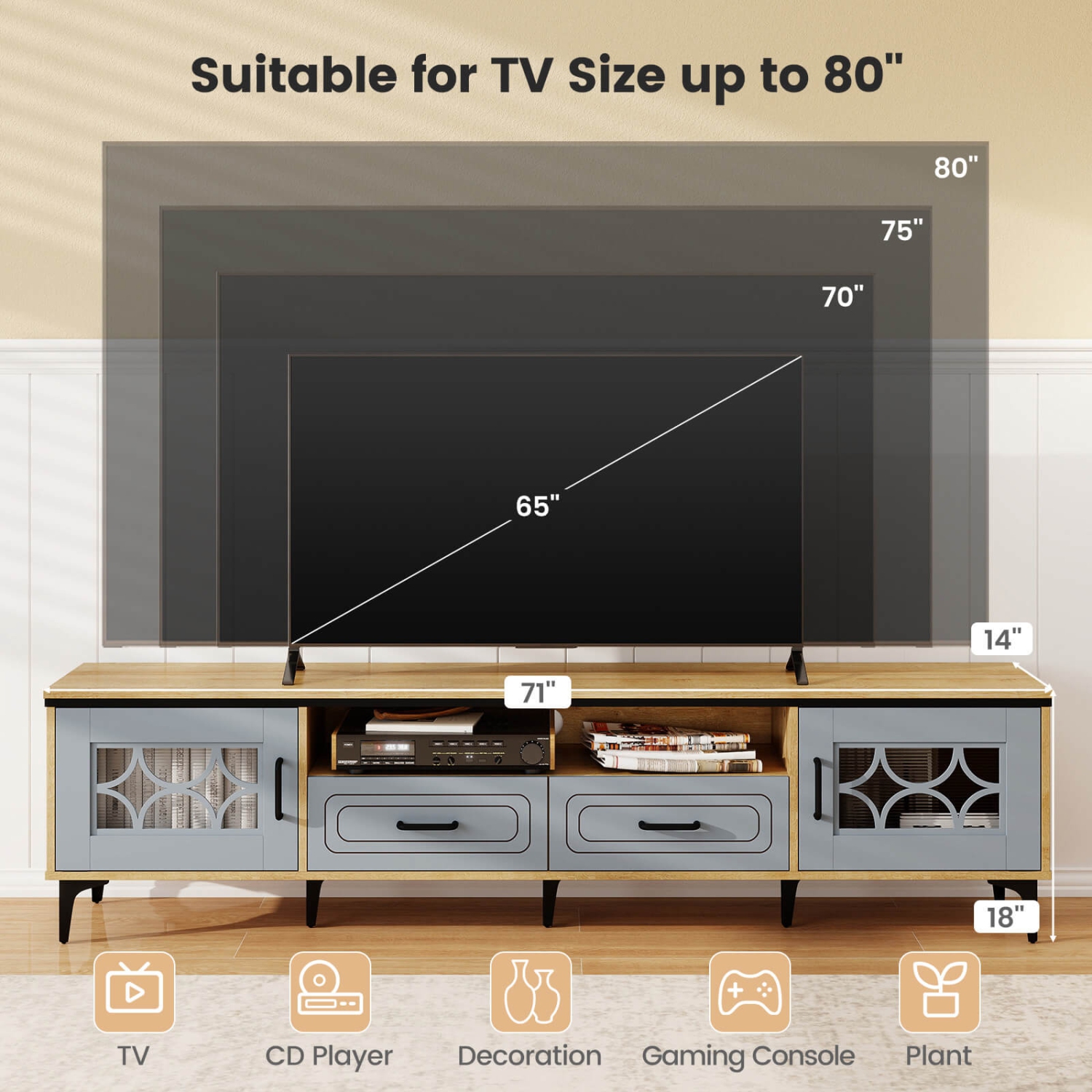 Meuble pour téléviseur de 71 po et moins de Costway 80 avec compartiments ouverts latéraux et tiroirs Beige/Blanc