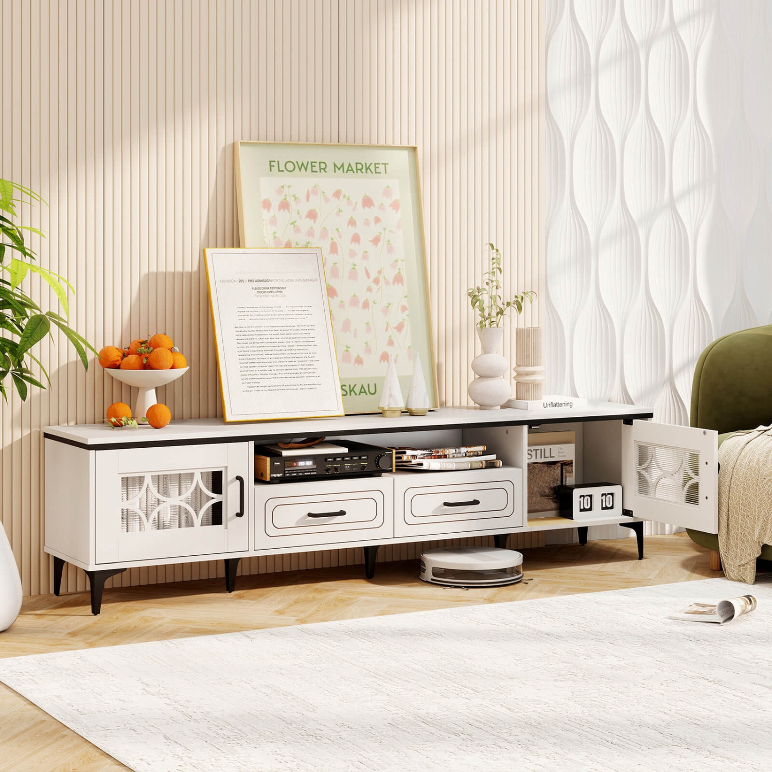 Meuble pour téléviseur de 71&nbsp;po et moins de Costway 80 avec compartiments ouverts latéraux et tiroirs Beige/Blanc