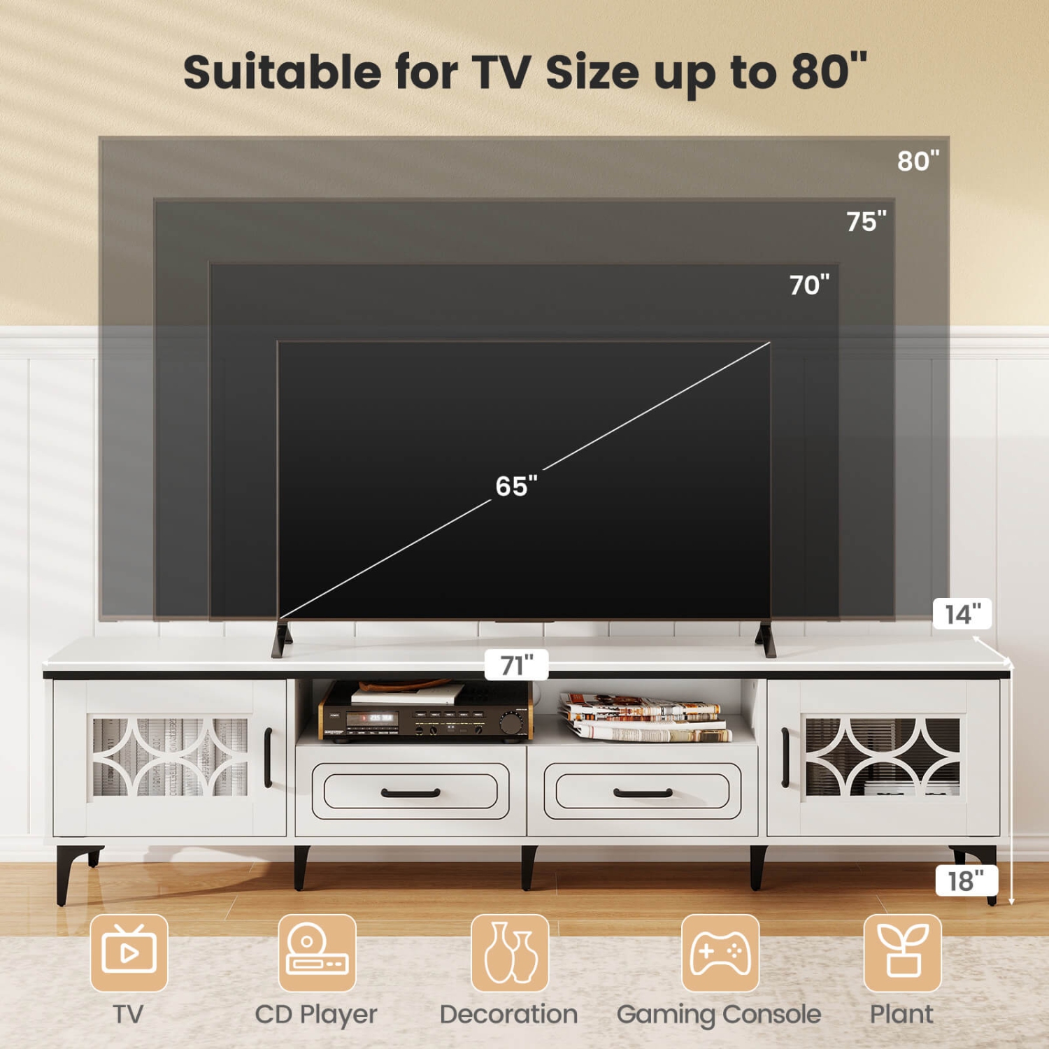 Meuble pour téléviseur de 71&nbsp;po et moins de Costway 80 avec compartiments ouverts latéraux et tiroirs Beige/Blanc