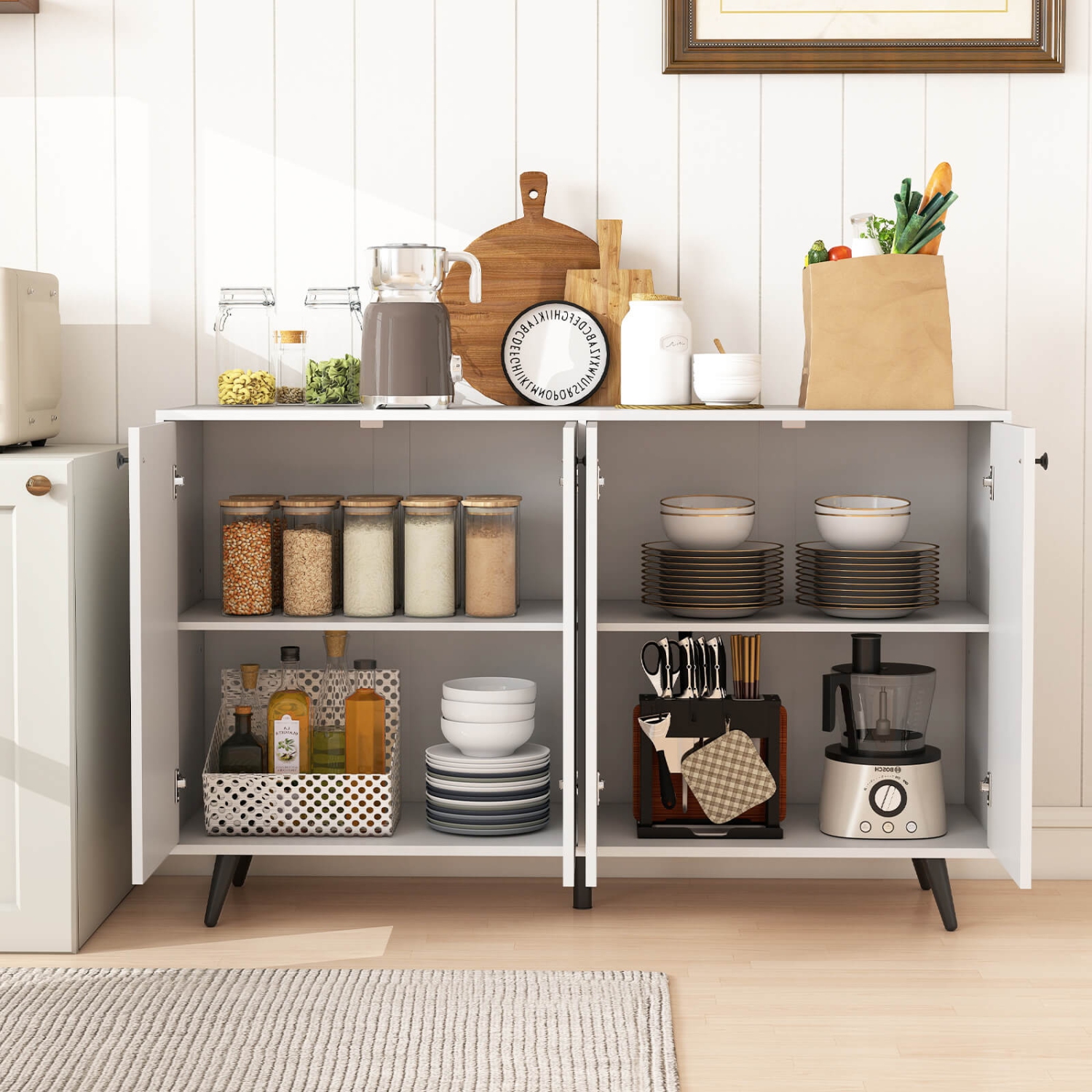 Buffet de Costway – Armoire de rangement moderne à 4 portes Mid Century Armoire d'appoint 50&nbsp;po brun/blanc