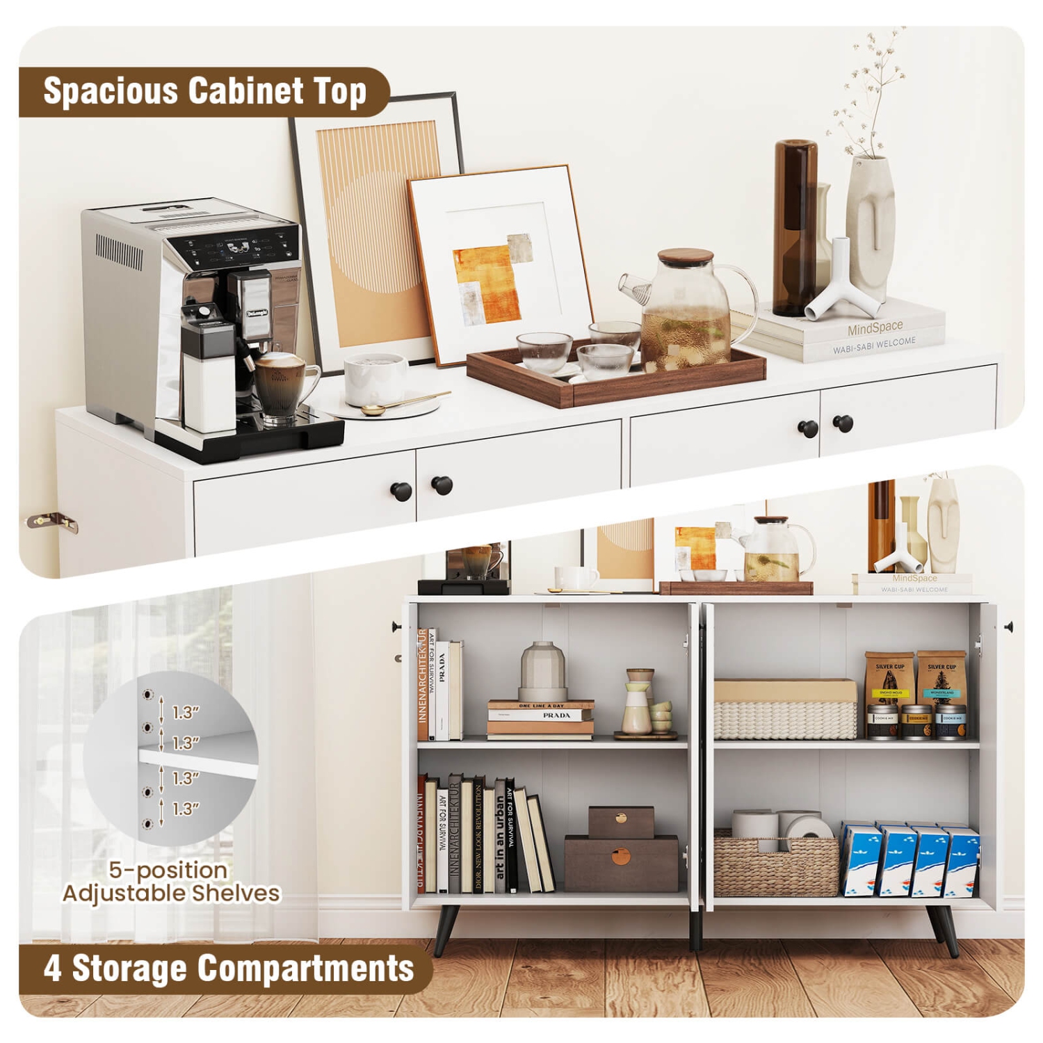 Buffet de Costway – Armoire de rangement moderne à 4 portes Mid Century Armoire d'appoint 50&nbsp;po brun/blanc