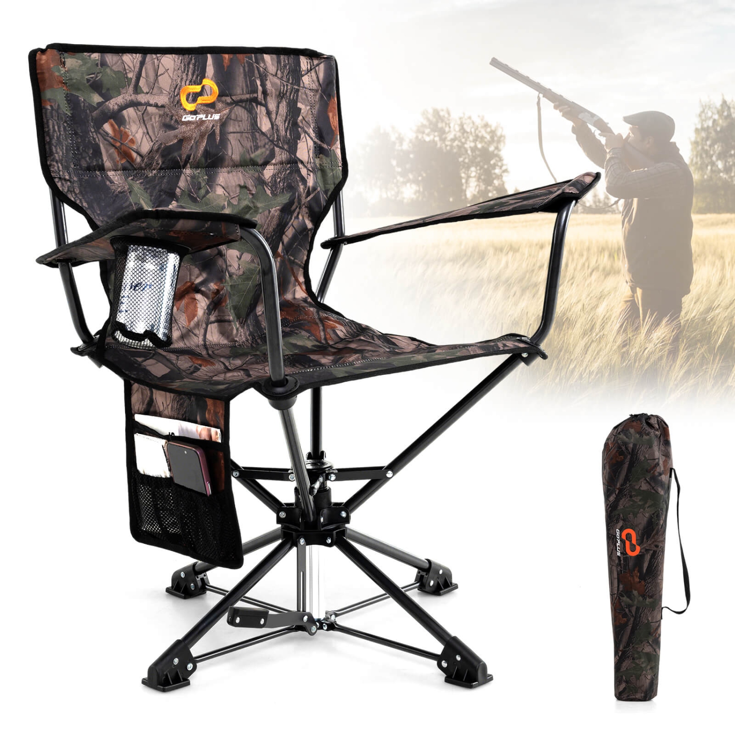 Goplus 360° Swivel Hunting Chair with Mesh Cup Holder & Storage Pockets Cozy Backrest