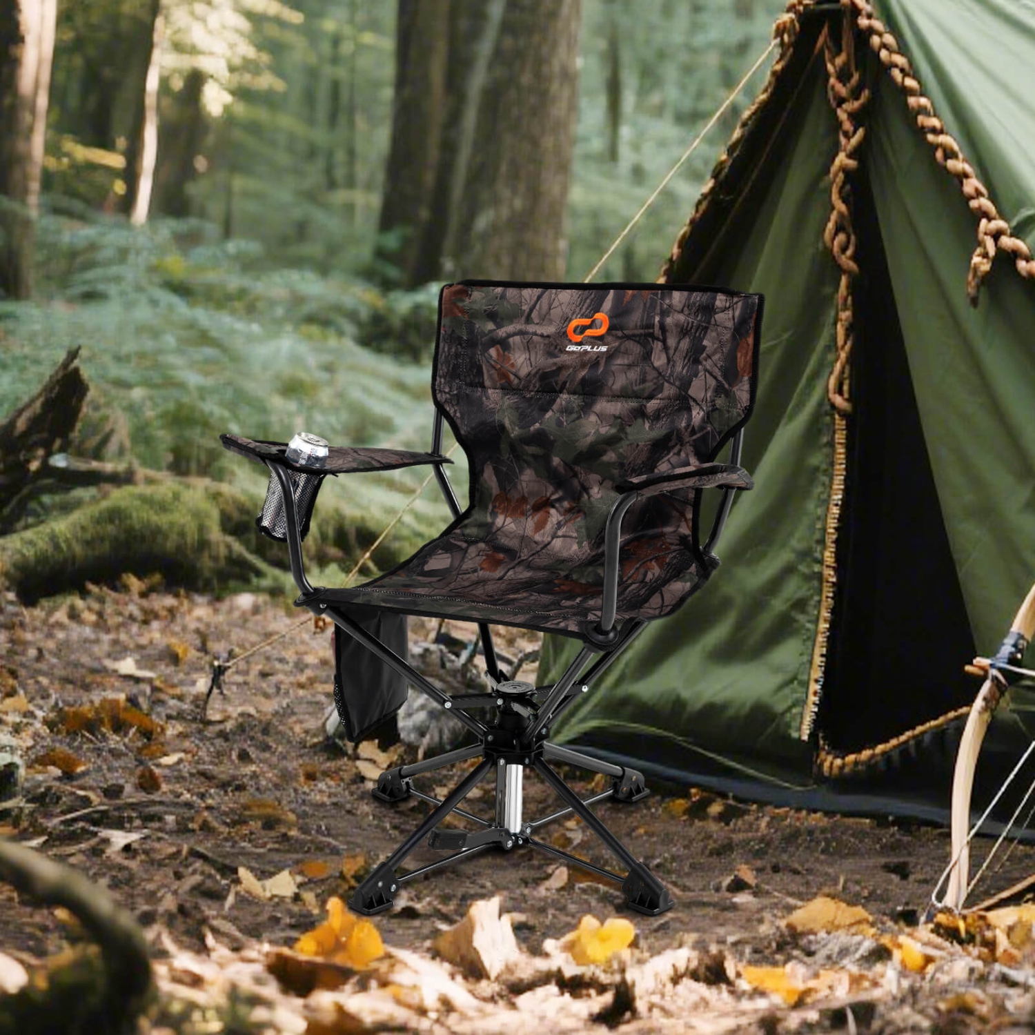 Goplus 360° Swivel Hunting Chair with Mesh Cup Holder & Storage Pockets Cozy Backrest